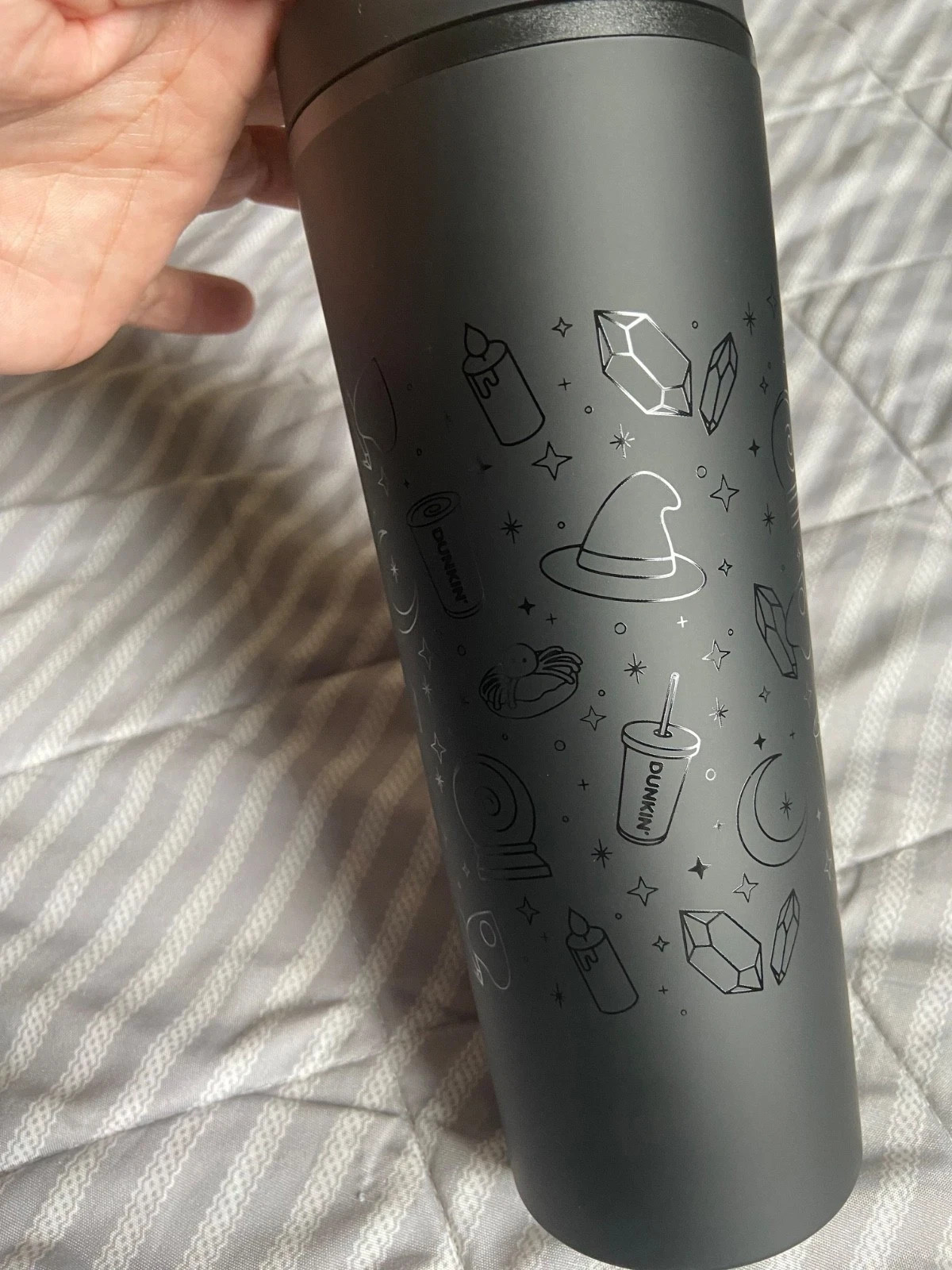 New Salem Runs On Dunkin\' Donuts Black Tumbler Cup 18oz Halloween MA