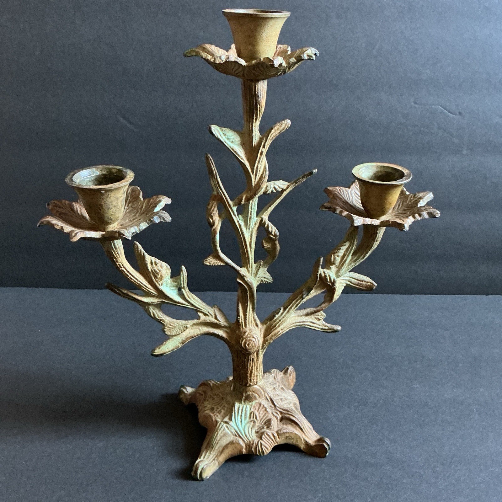 Vintage Victorian Cast Iron Candelabra Candle Holder Foix Bois 3 Branch Patina