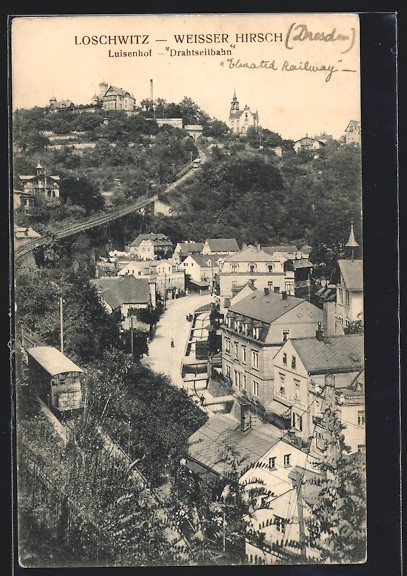 Dresden-Loschwitz, postcard, partial view with Luisenhof and cable car 