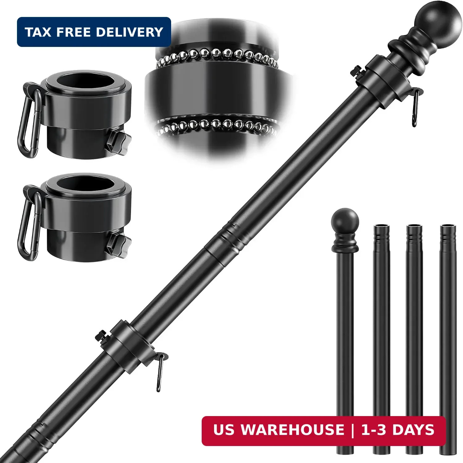 5FT Black Flag Pole for Outside House, Ball-Bearing Anti-Wrap Rings 5FT Black Flag Pole for Outside House, Ball-Bearing Anti-Wrap Rings