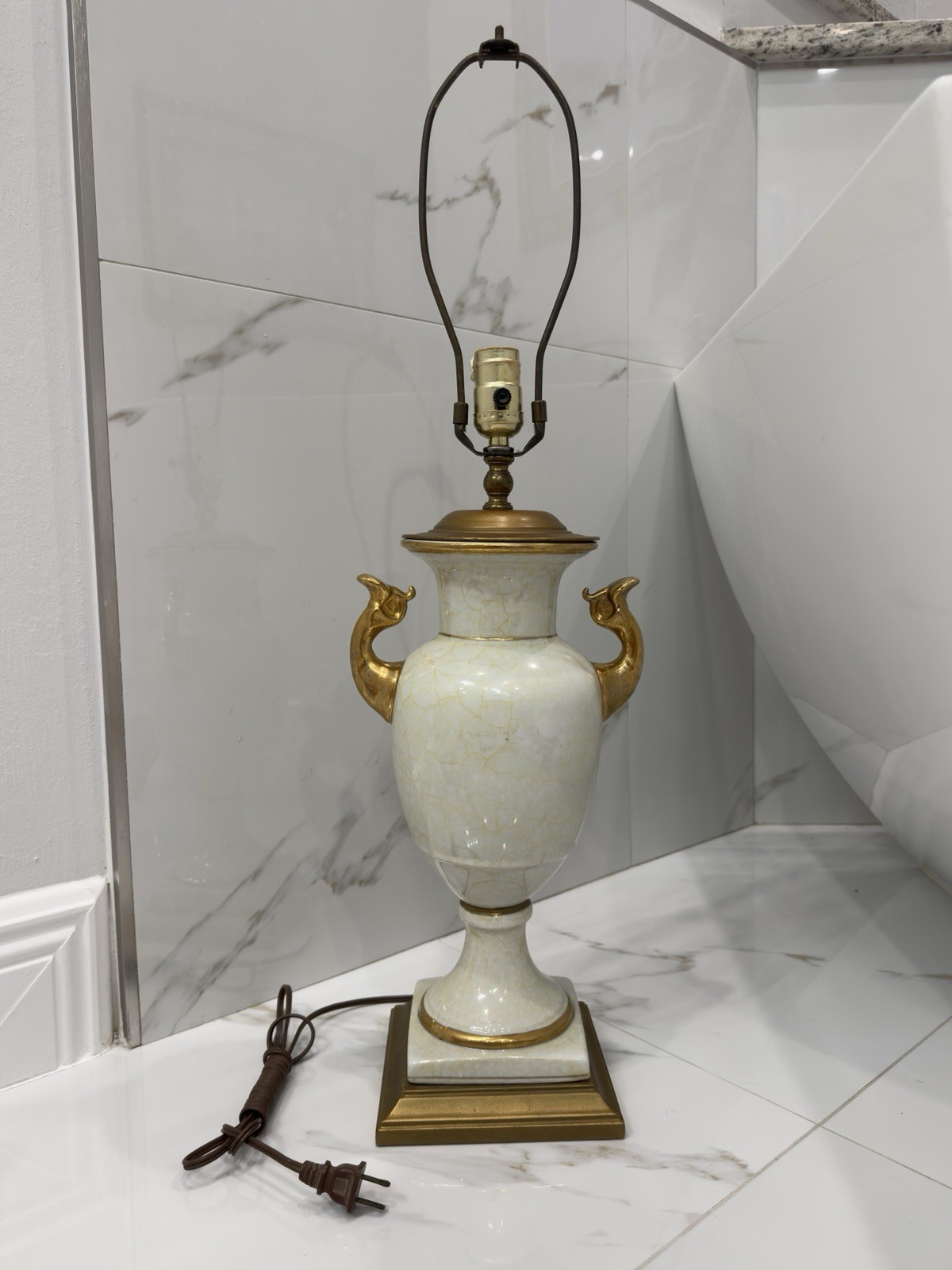 Vintage Italian Regency White & Gold Gilt French Porcelain Urn Lamp