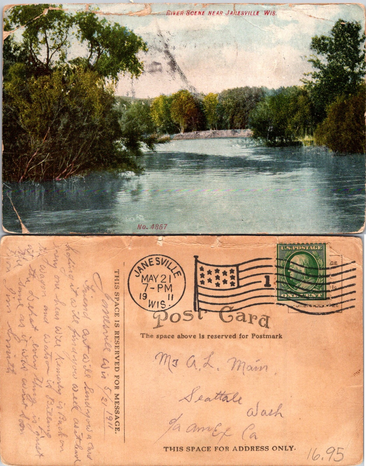 Janesville WI River Scene Through Trees, Vintage 1911 Postcard 73301