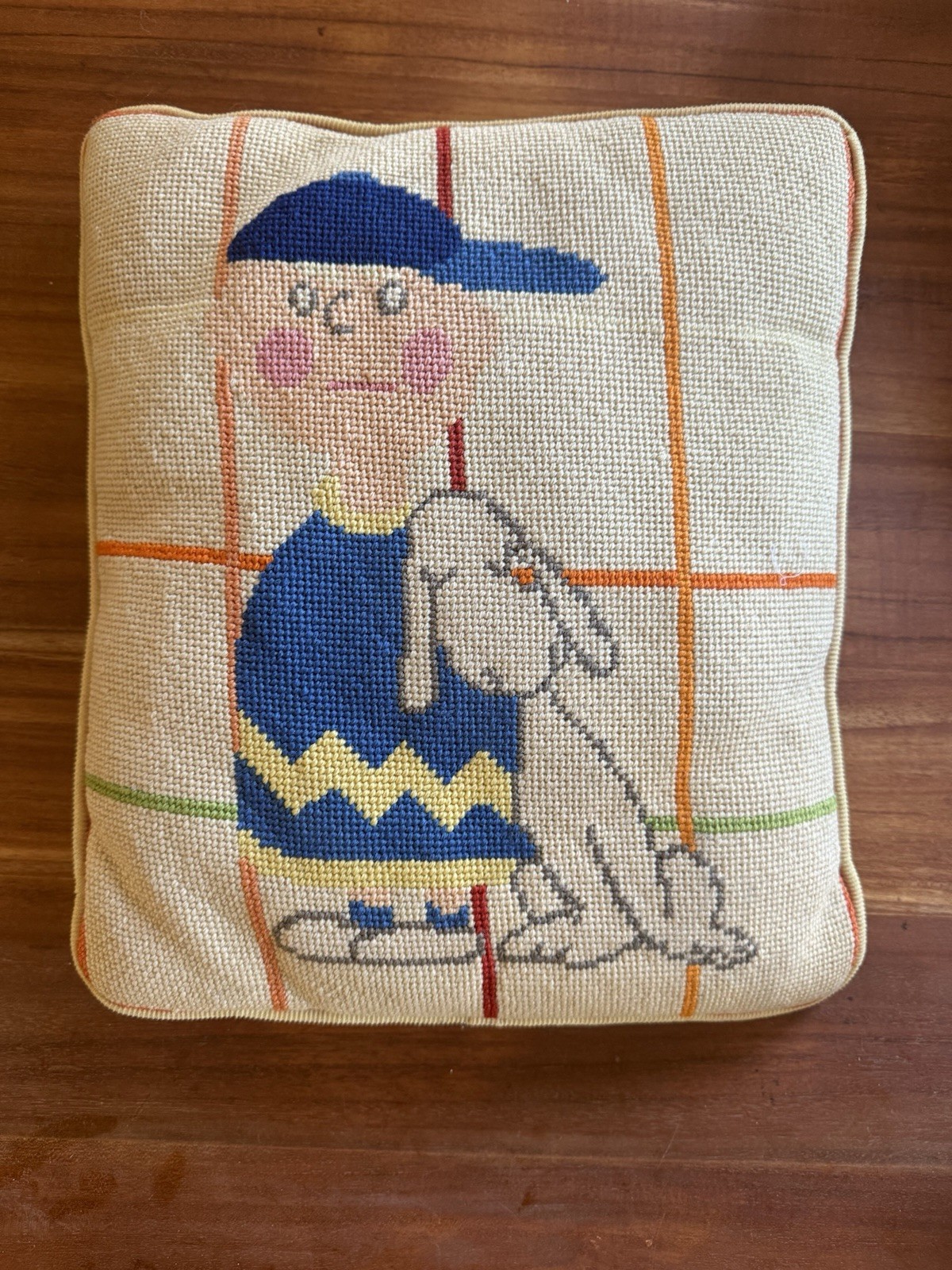 Vintage Needlepoint Peanuts Snoopy & Charlie Brown Pillow Handmade