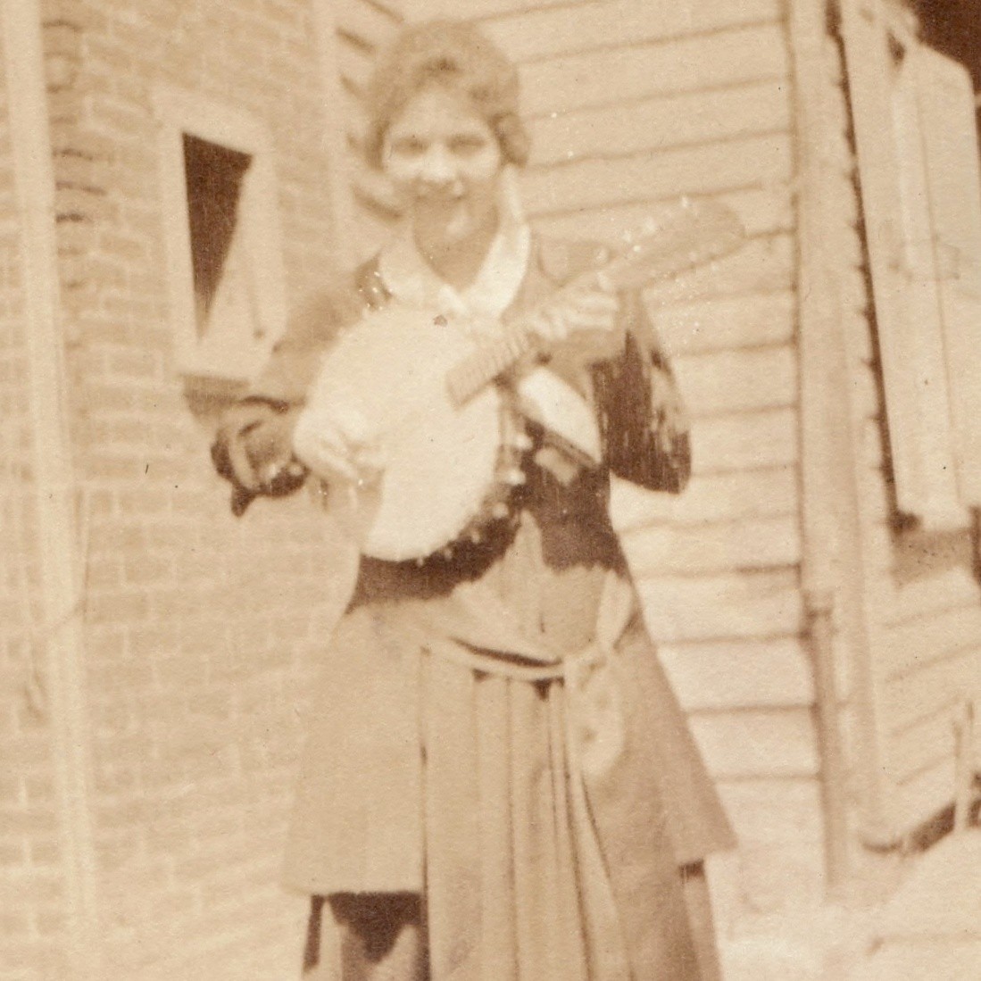 c1920s Woman Playing Banjo Musical Instrument Snapshot Photo Music Backyard Vtg