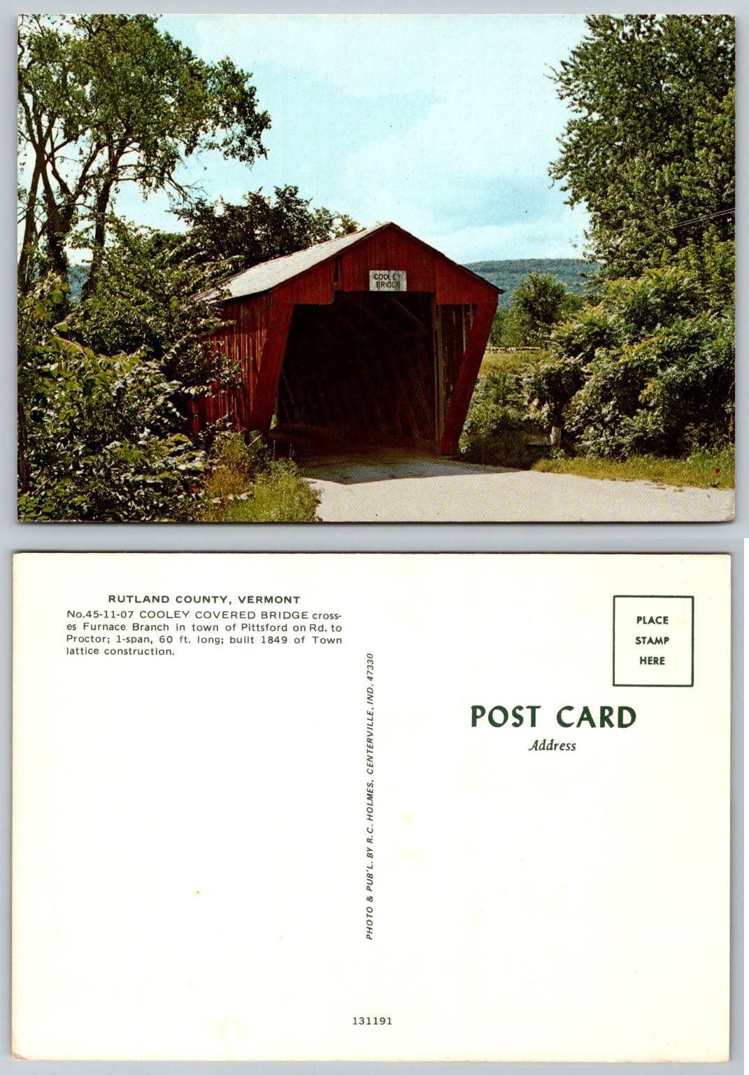 Vintage Cooley Covered Bridge Postcard Pittsford Rutland County VT 1849