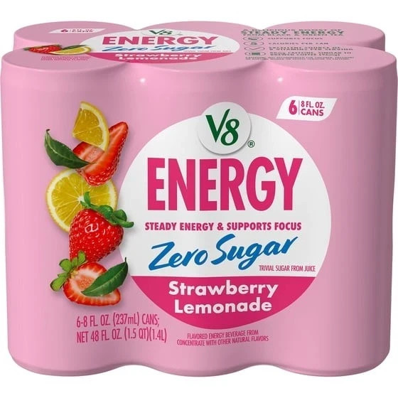 V8 Energy Zero Sugar Strawberry Lemonade, 8 fl. oz. Can (6 Pack)