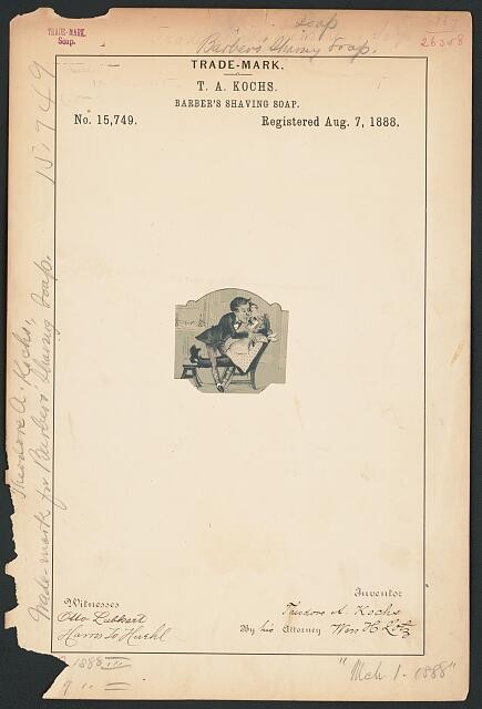 Photo:1888 T A Kochs Barber Shaving Soap Trademark Registration Logo