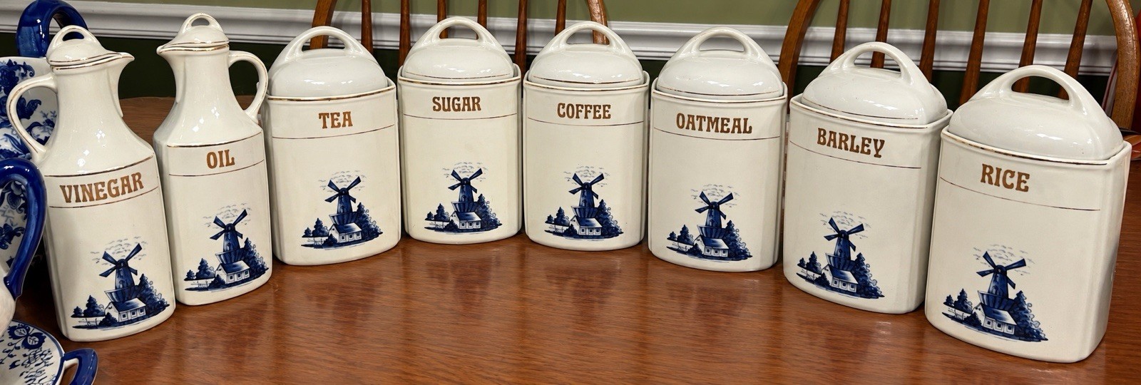 Vintage Blue & White Windmill-Themed Canisters Set of 8