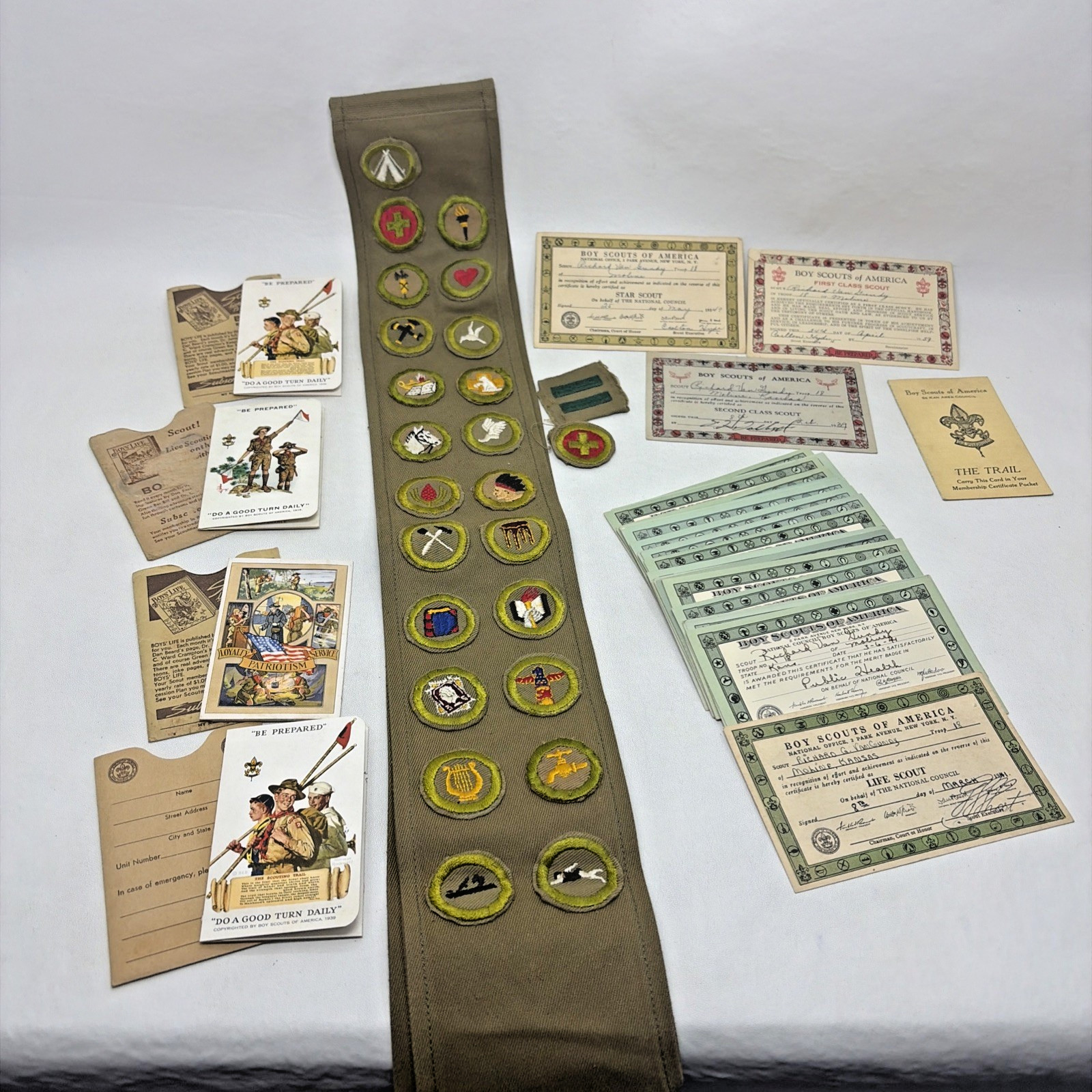 Mixed Lot Of 1940's Boy Scout Sash 25 Merit Badges Certificates First Second