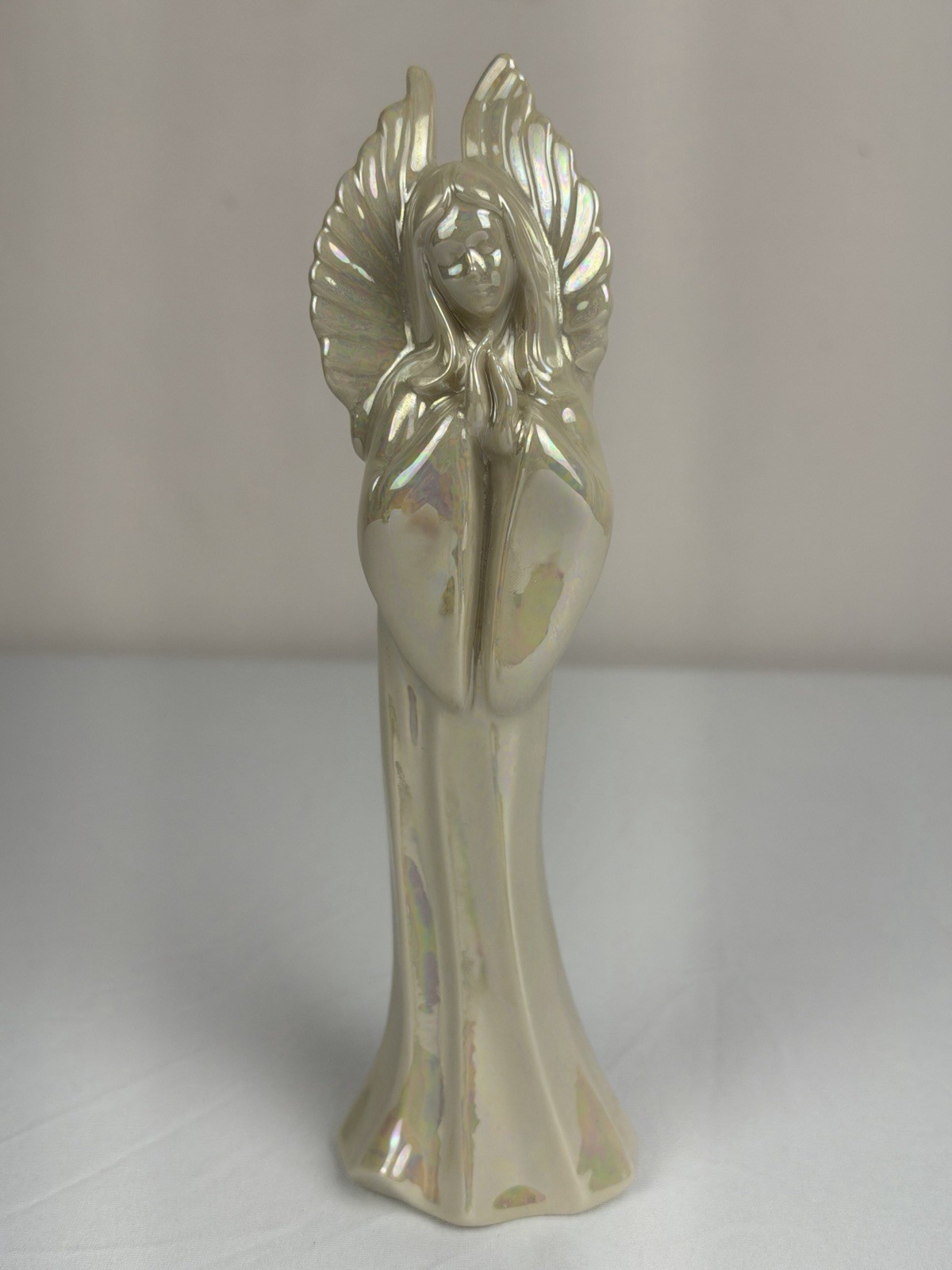 Iridescent Pearl White Ceramic Praying Angel Figurine 8” Tall