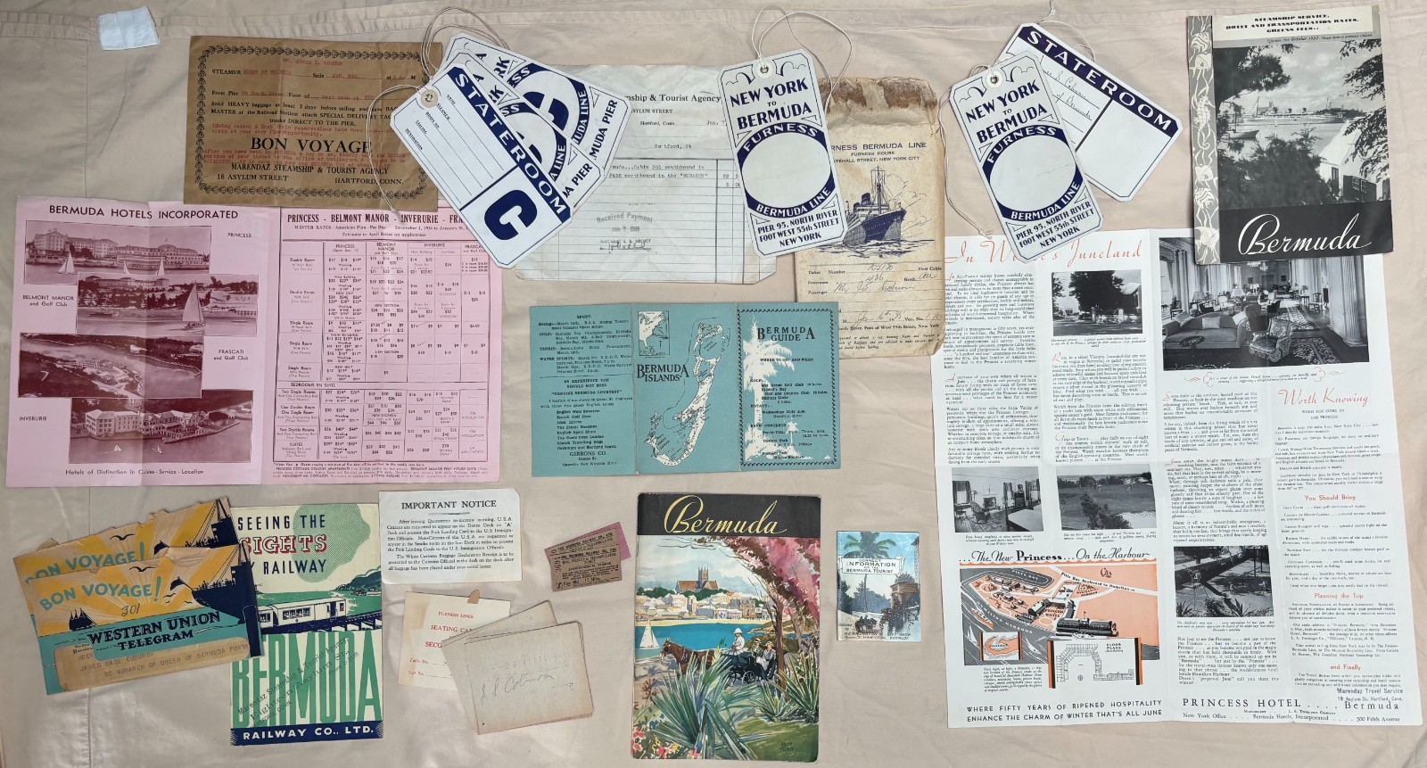 1935 FURNESS BERMUDA LINE STEAMSHIP TRAVEL GUIDES EPHEMERA LUGGAGE LABELS TICKET