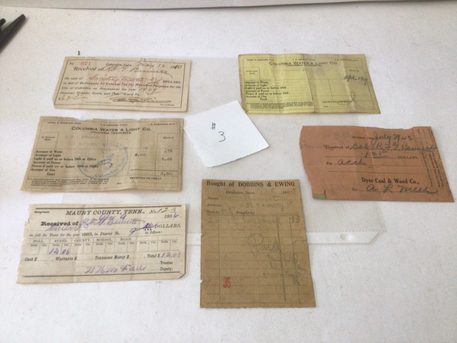 6  Columbia, Tenn. 1884-1920 Receipts State Taxes, Water & Light Co. Dyer Coal