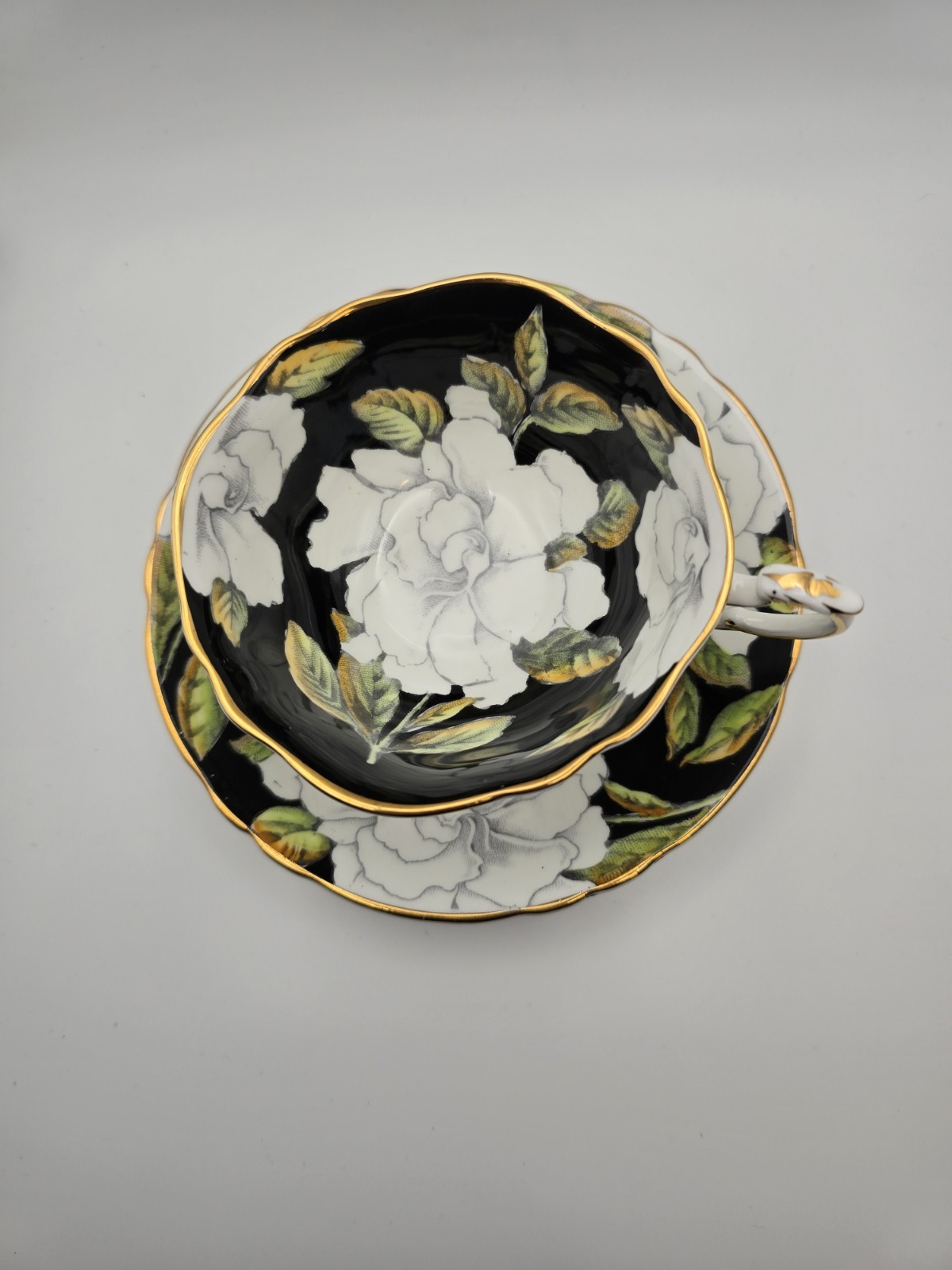 Vintage Black Paragon Cup, Saucer, White Gardenia, Double Warrant, England