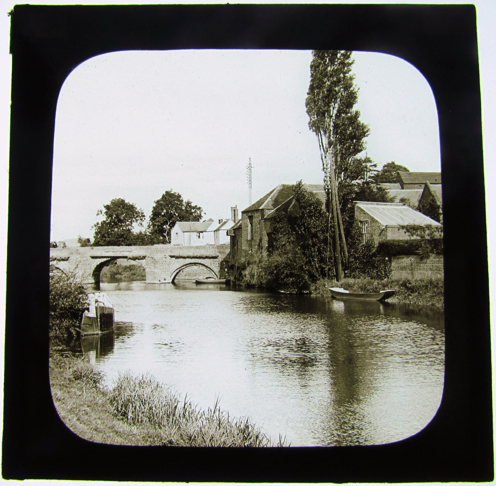 Glass Magic Lantern Slide UNKNOWN VILLAGE WITH BRIDGE C1900