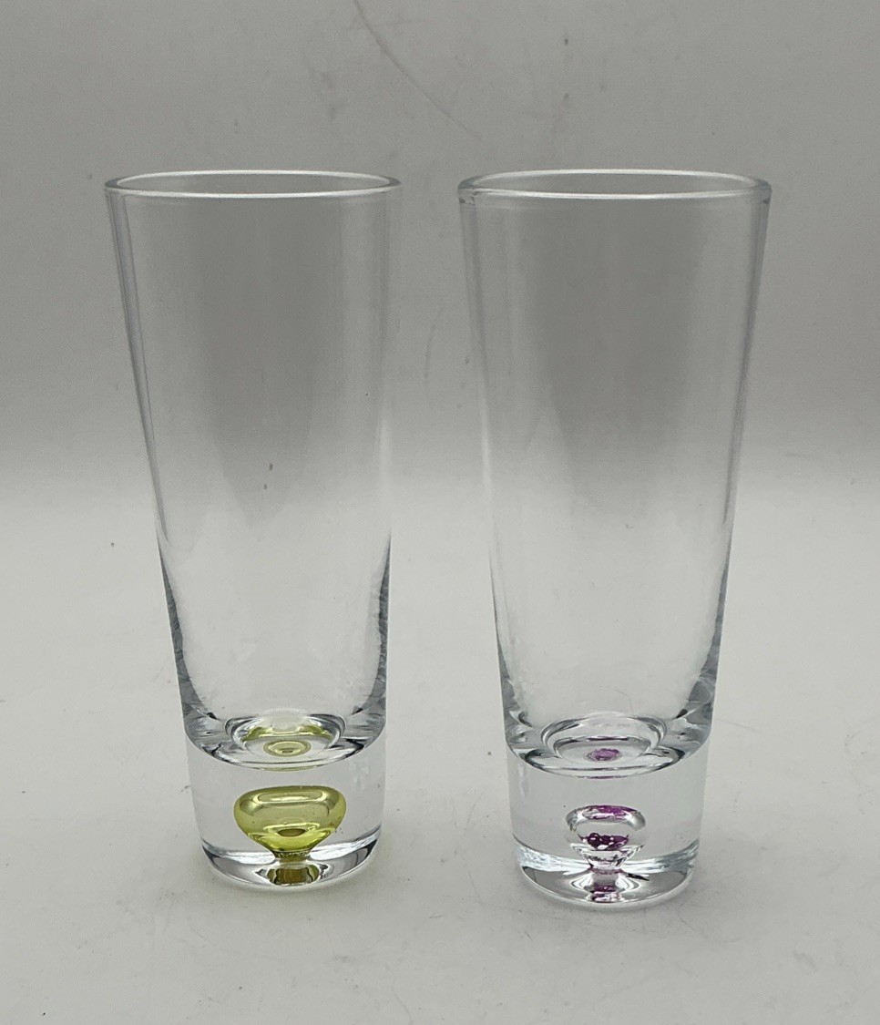 Vintage Krosno Poland Controlled Bubble Shot Glasses Purple Yelllow Pair MCM