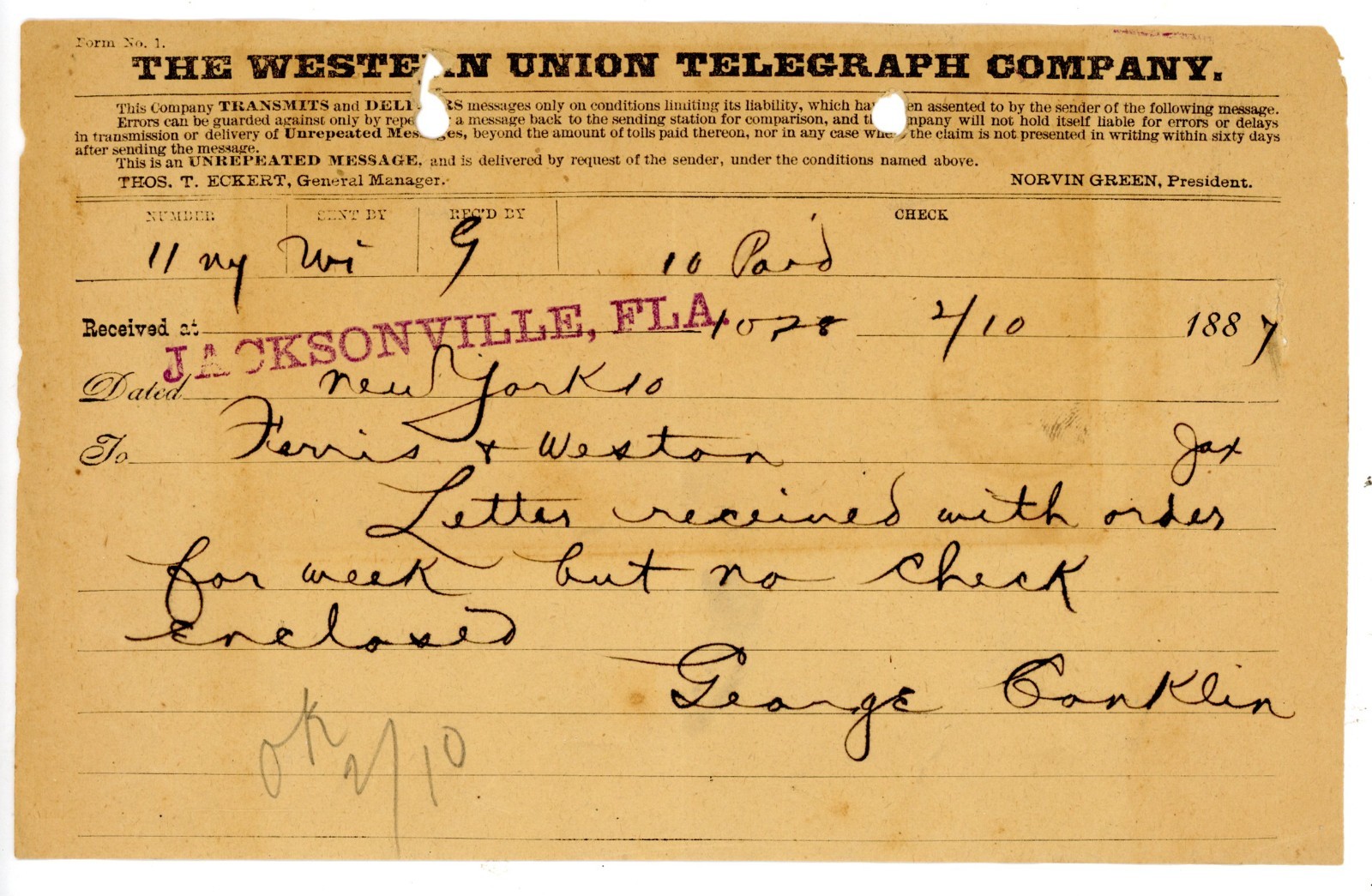 1887 Western Union Telegram Jacksonville, Fl New York signed George Conklin