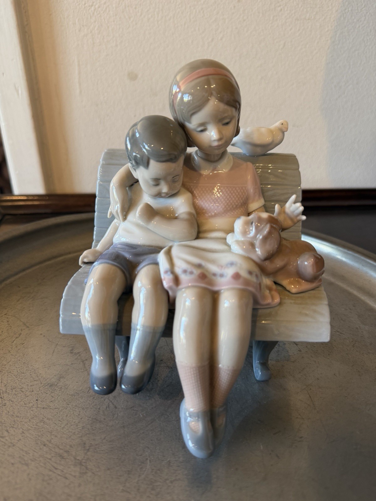 Vintage Lladro “Surrounded by Love” Brother Sister Dog Bird Figure Group (#6446)