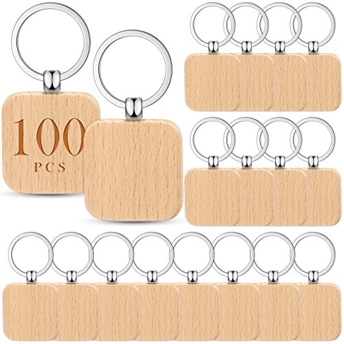 100 Pcs Wooden Keychain Blanks Square for Laser Engraving DIY Tags