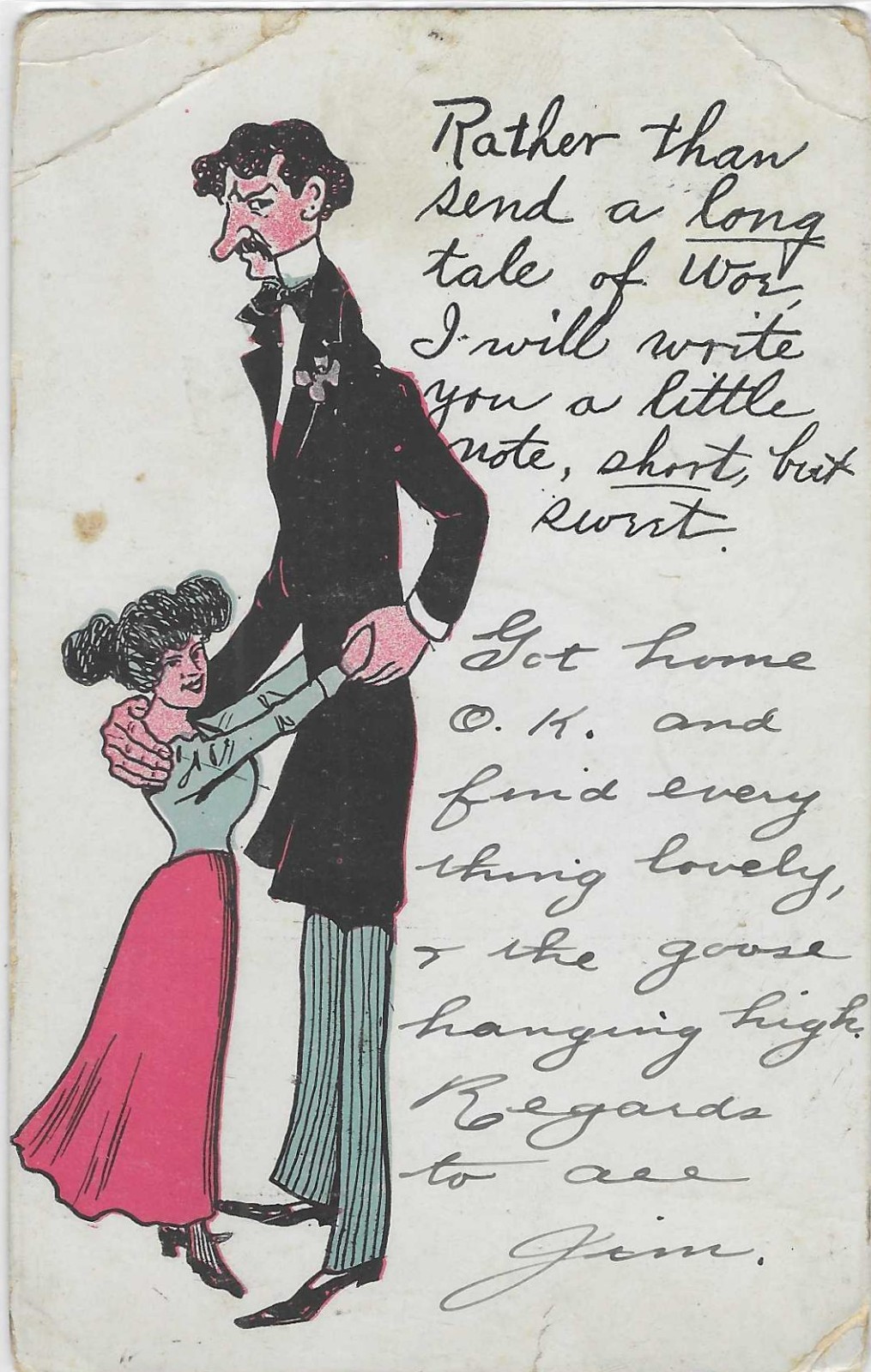 Vintage Romantic Greetings Postcard Victorian Man and Woman Dancing Long Tale