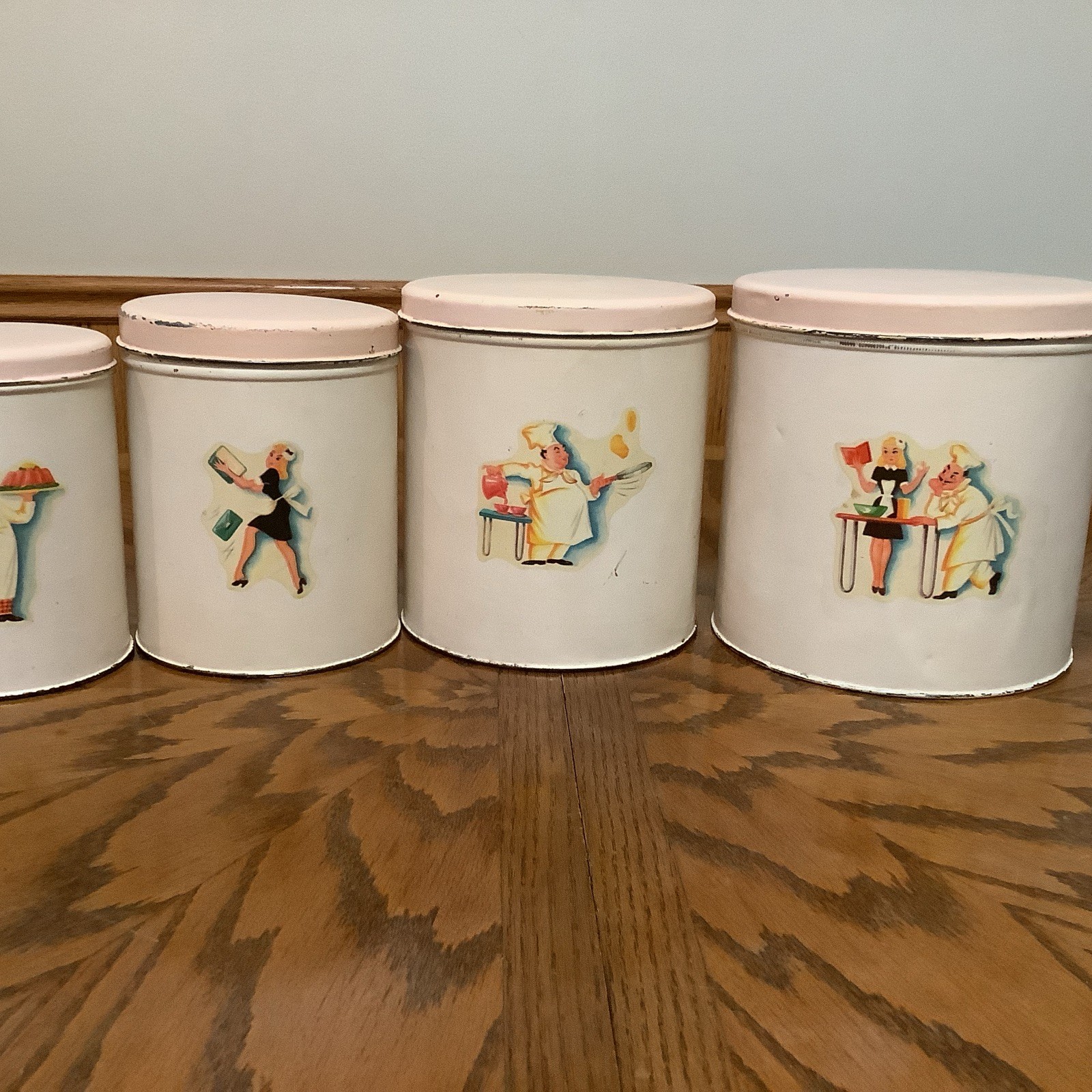 Vintage 195O's Set of 4 Tin Litho Cartoon French Chef Decal Canister
