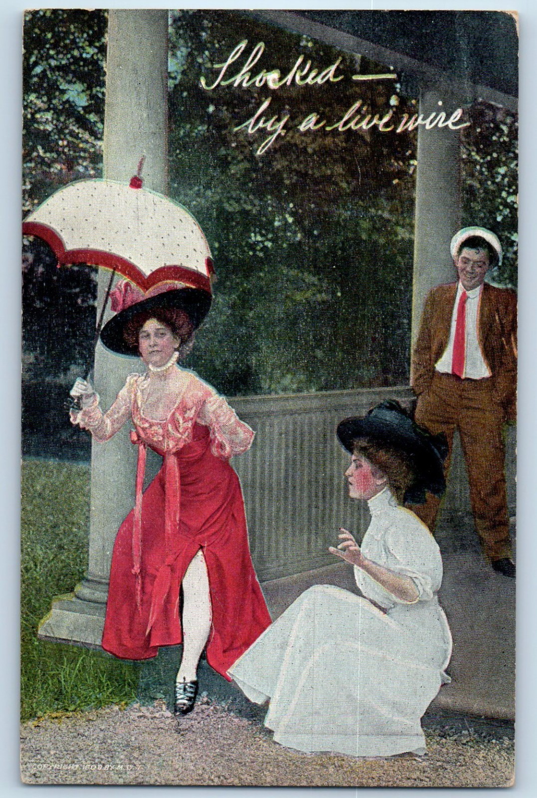 c1910\'s Two Women With Umbrella Shocked By A Live Wire Ankle Risque Postcard