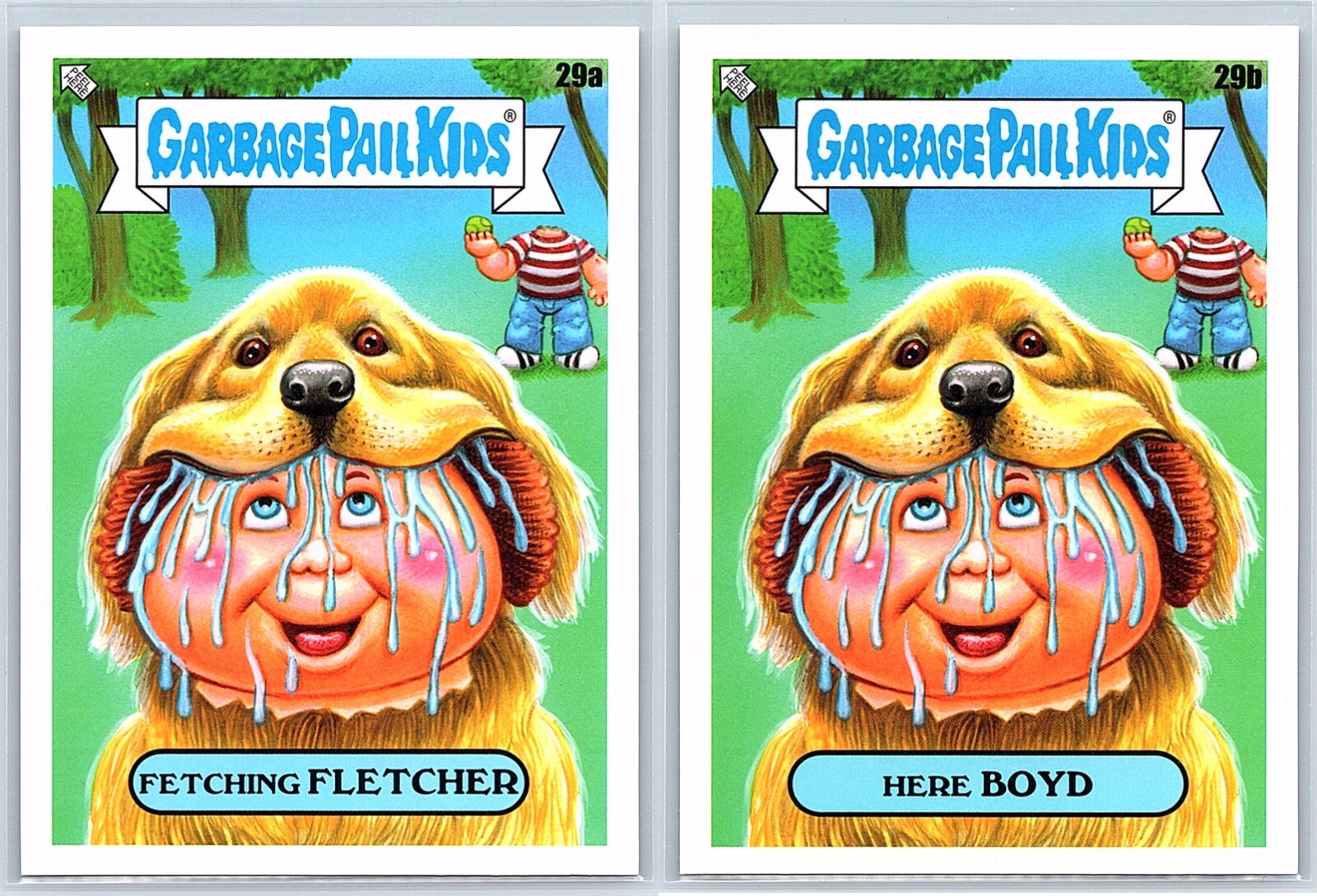 Garbage Pail Kids Playing Fetch With Dog Spoof Fletcher & Boyd 2 Card Set