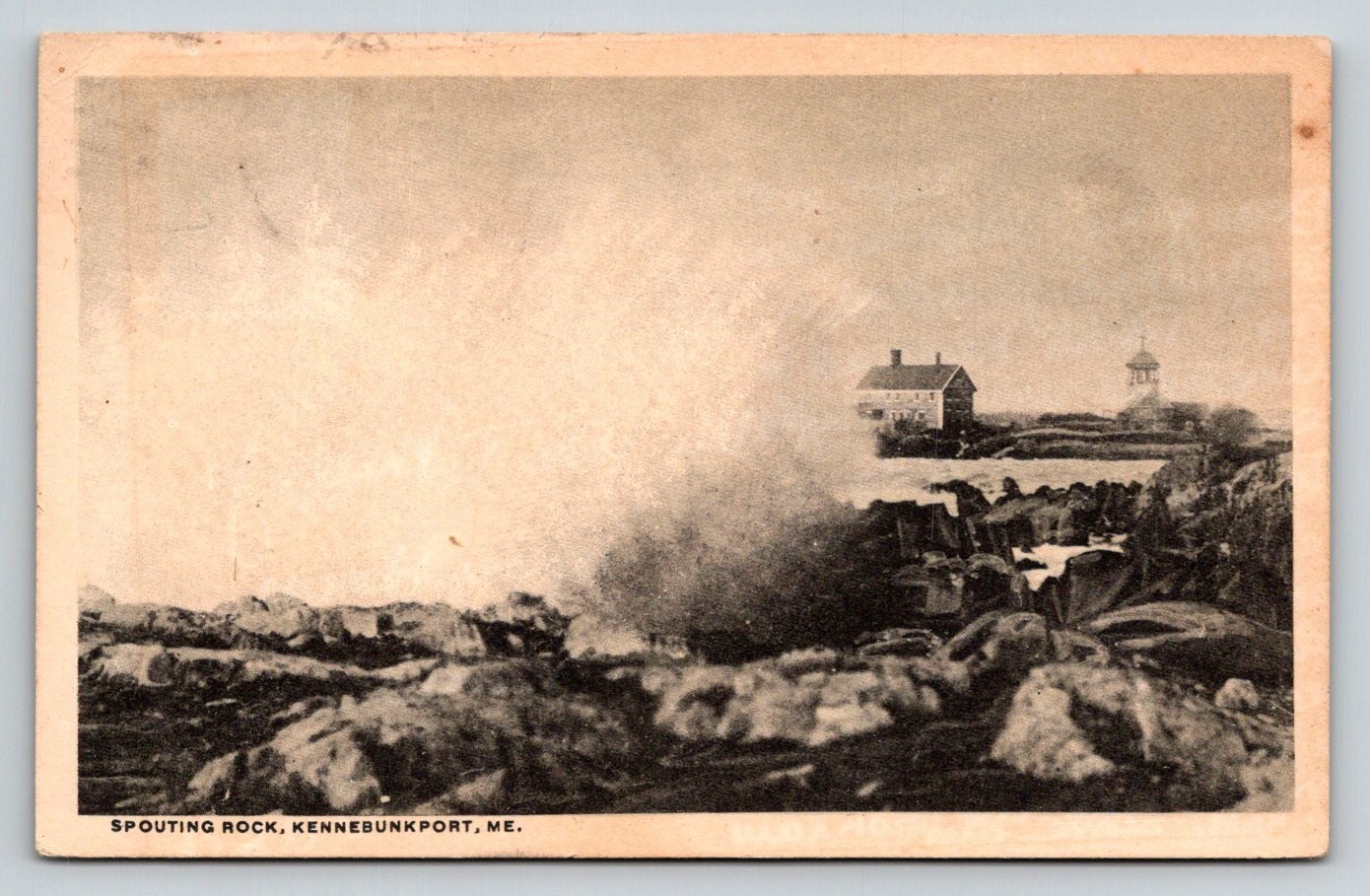 1916 Spouting Rock Kennebunkport ME Ocean Waves Lighthouse Shore Vintage