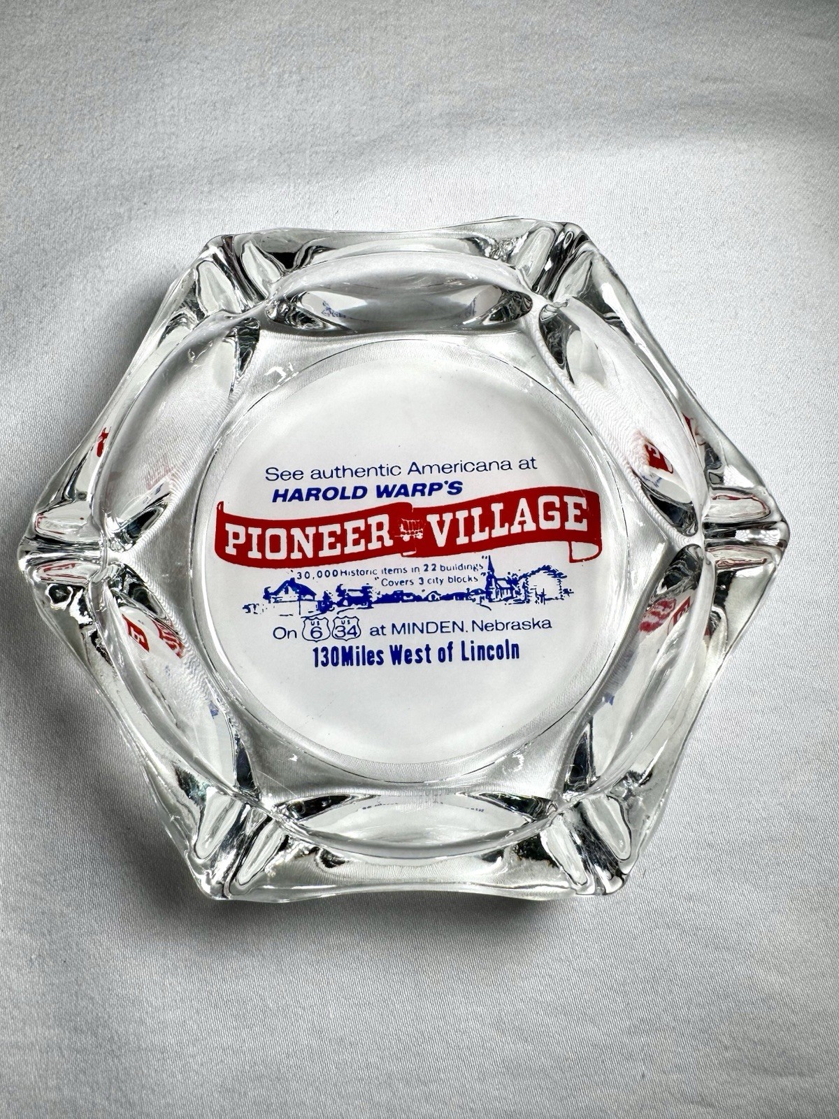 Vintage Pioneer Village Minden Nebraska Glass Ashtray Harold Warp Advertising