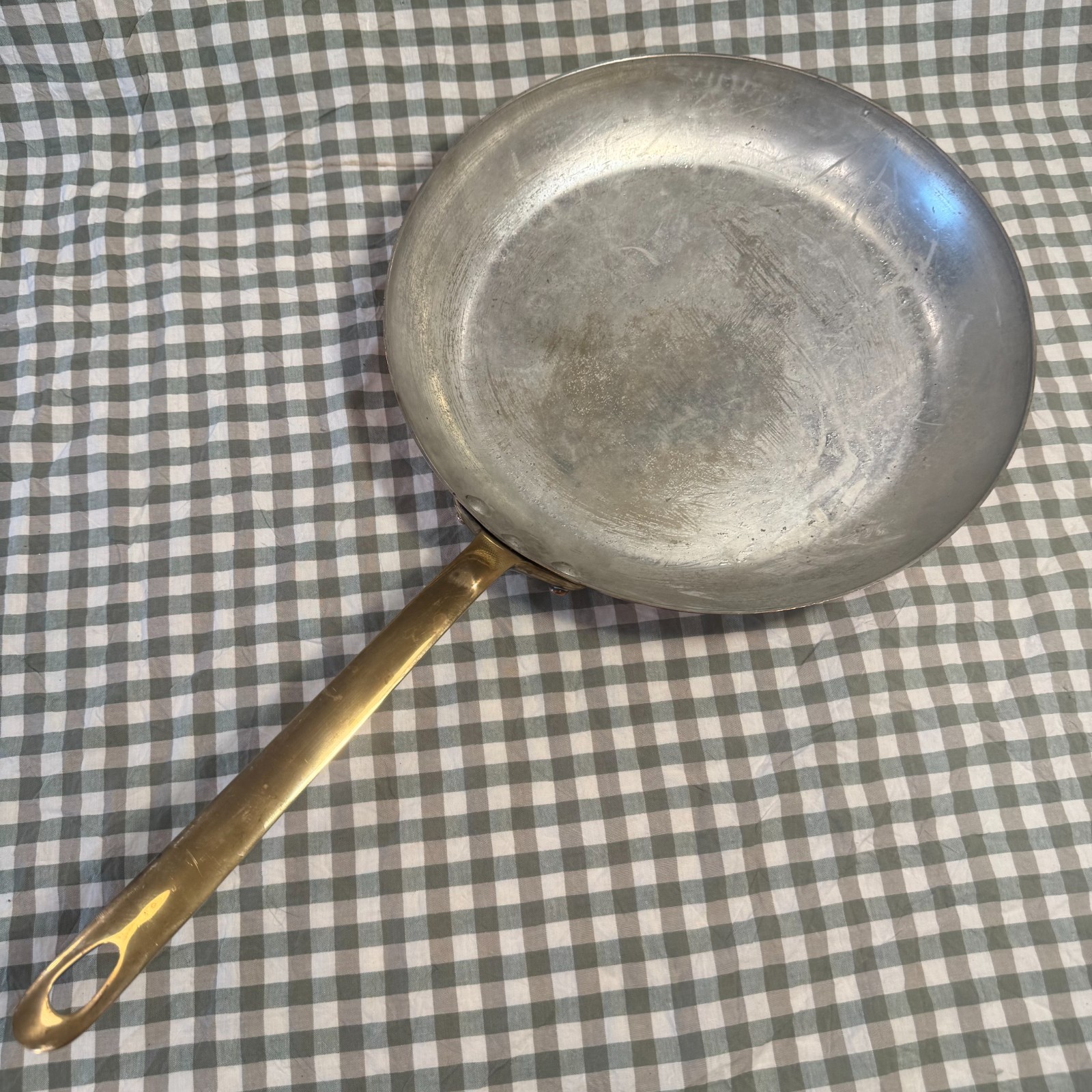 Vintage 12” French Copper Frying Pan Tin Lining Bronze Handle Made in France