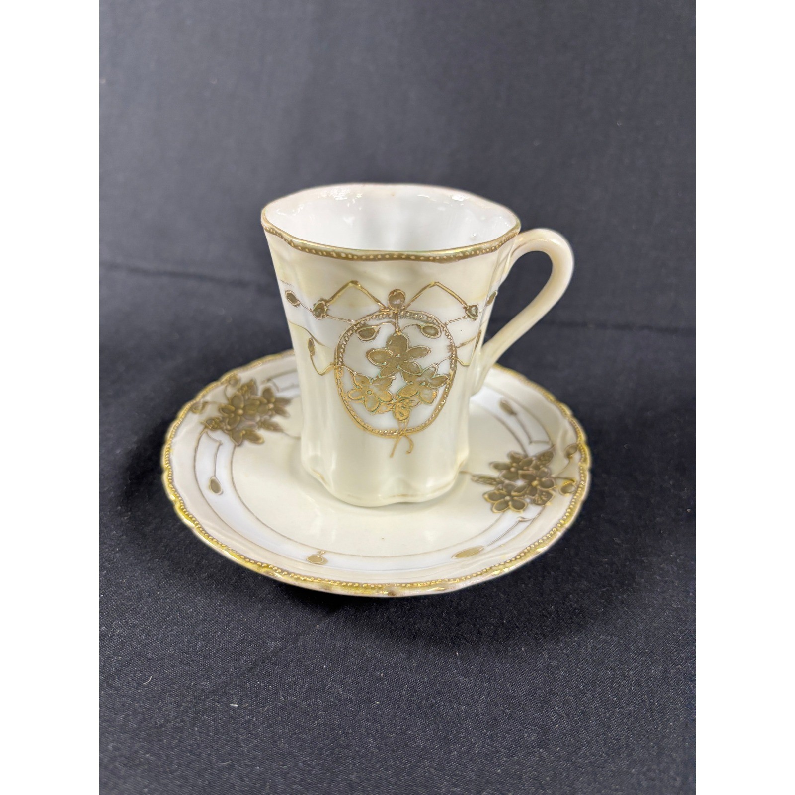Antique Hand Painted Nippon Demitasse Cup and Saucer Set Gold Moriage Floral