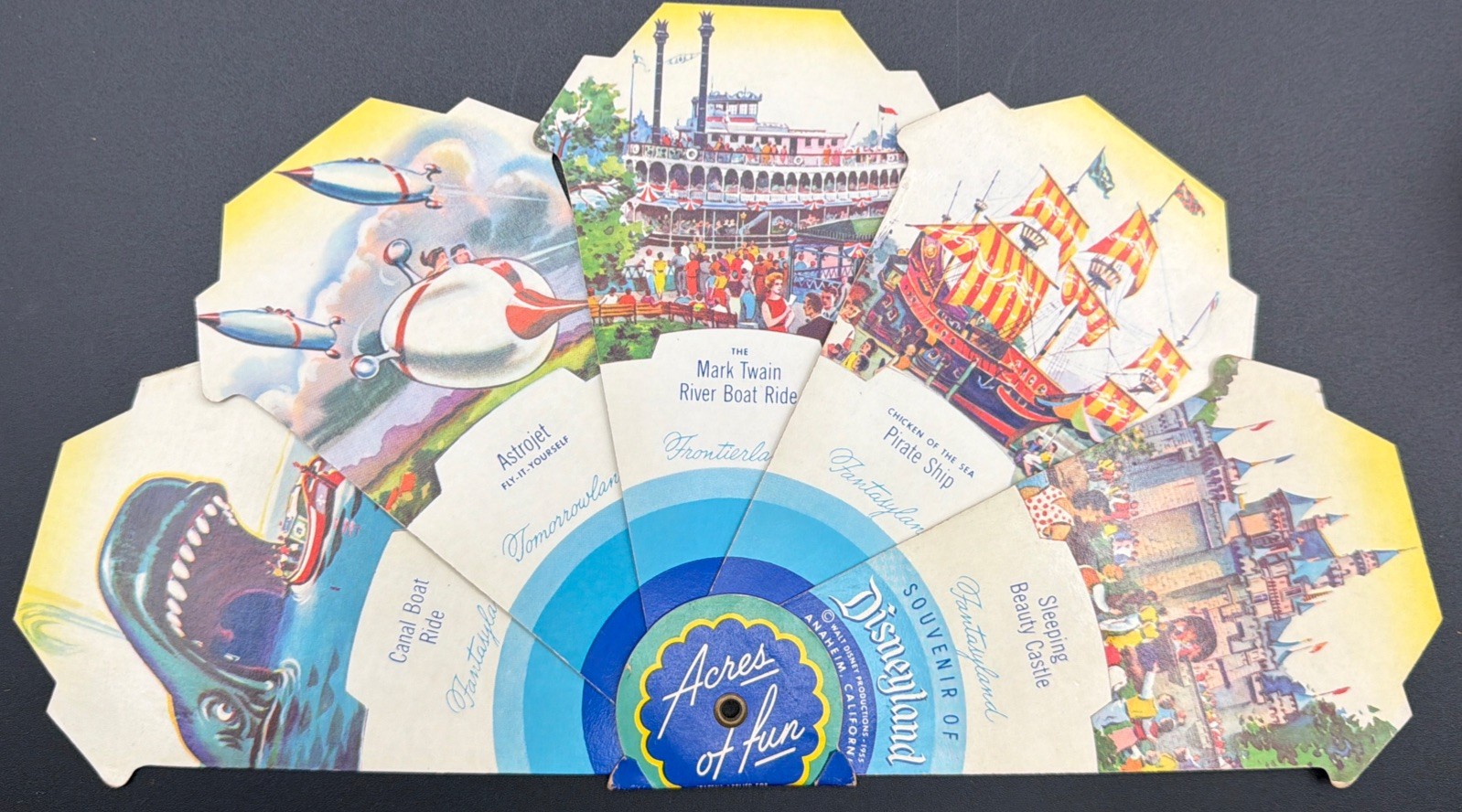 Vintage 1955 Disneyland Opening Year Souvenir Fan Acres Of Fun 10 Attractions Z2