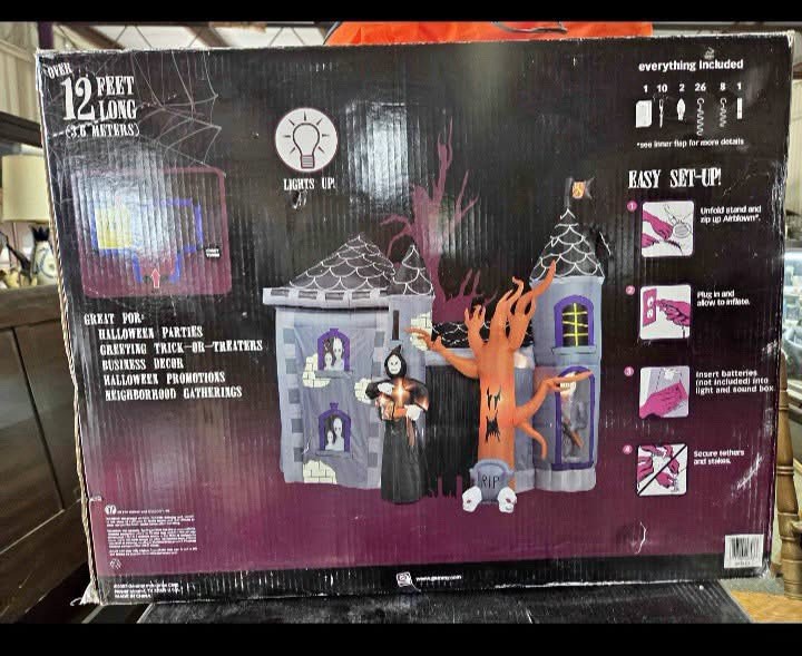 Gemmy Halloween Inflatable Haunted House Castle With Tree & Reaper RARE