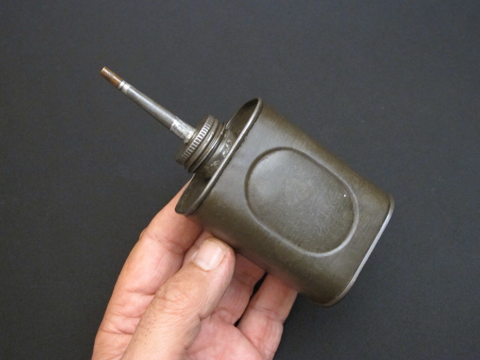 Vtg Olive Drab Military Pocket Oil Can/Oiler + Threaded Cap & Spout Antique Tool