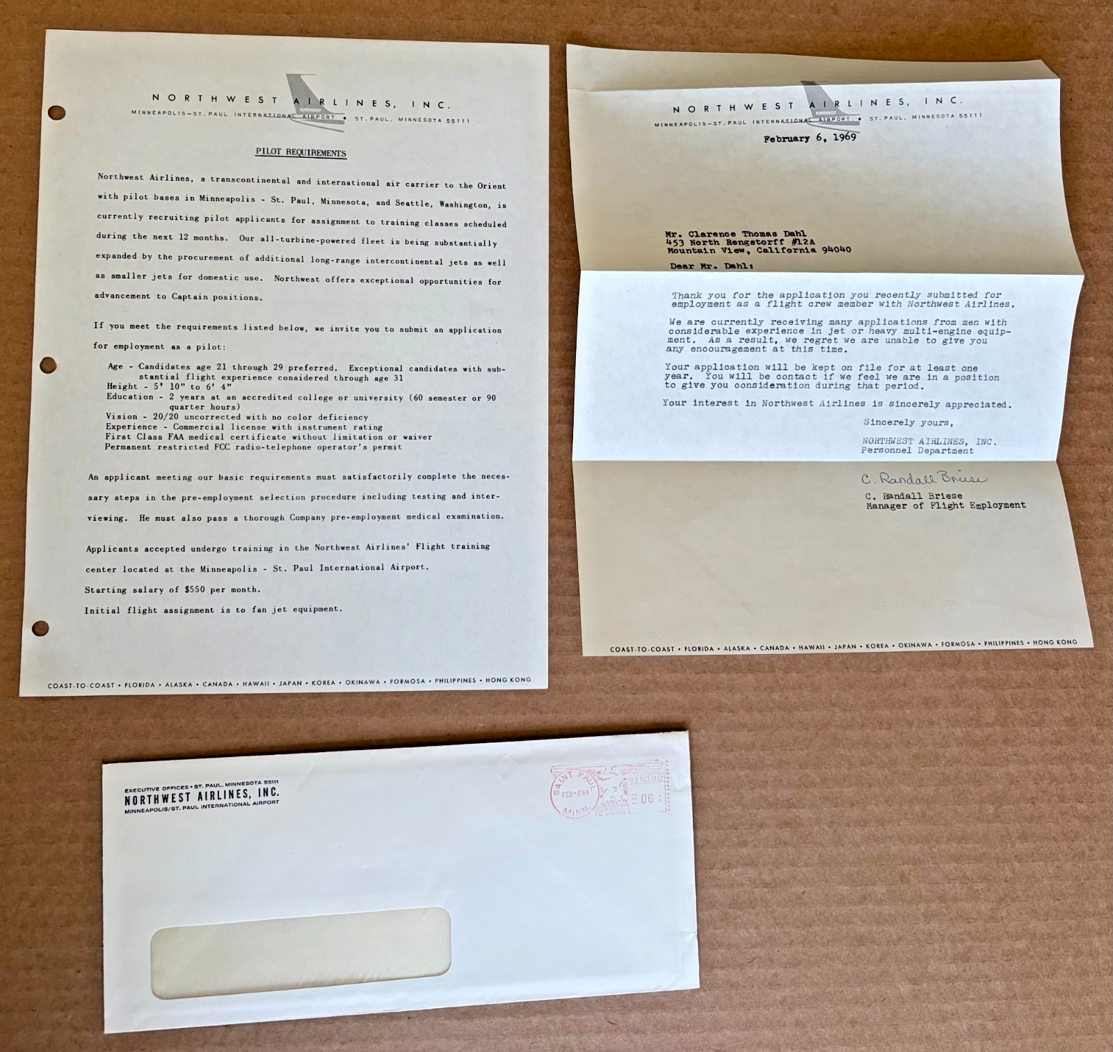 Vintage 1969 Northwest Airlines Pilot Response Letter and Requirements Lot NWA