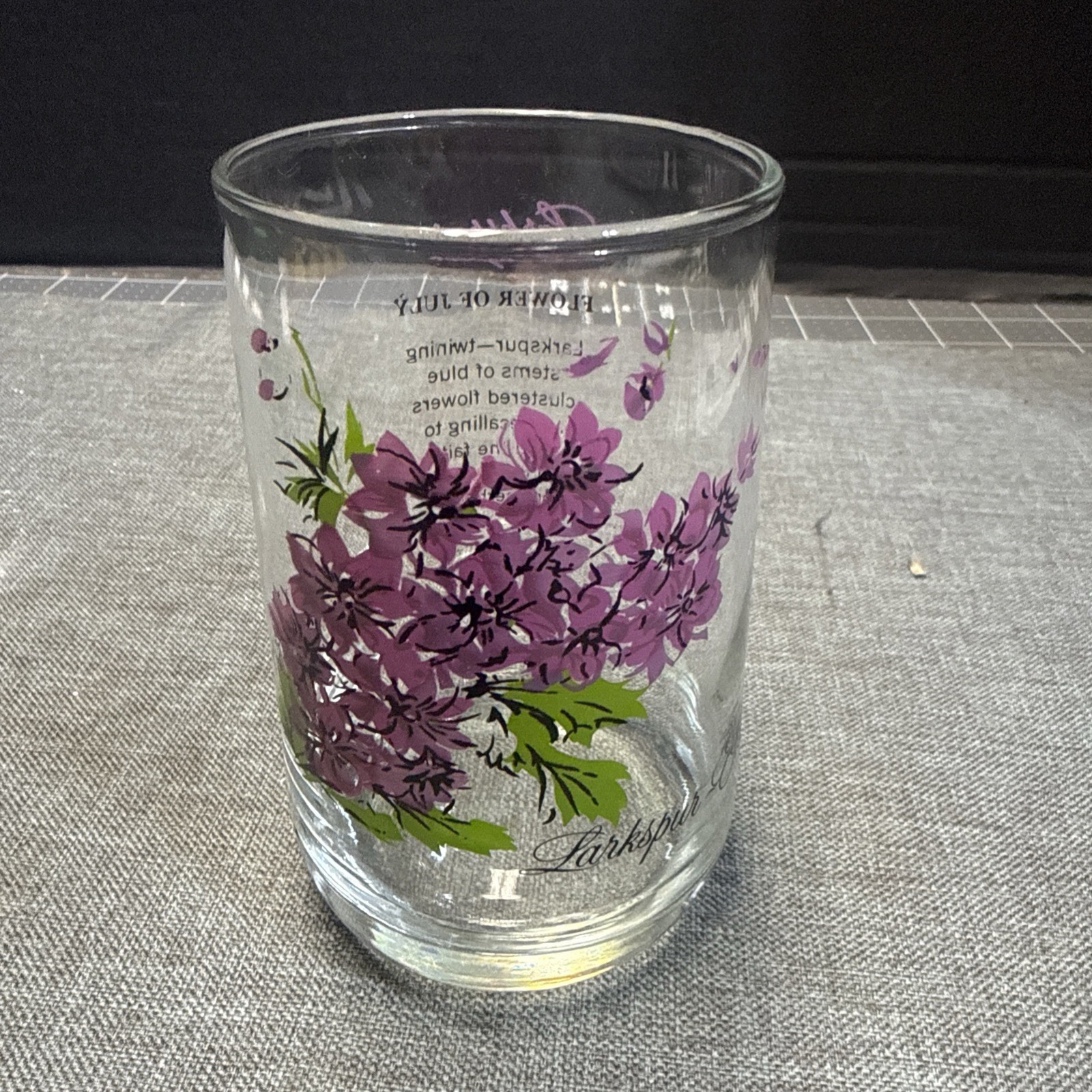Vintage Brockway Flower Of The Month Glass Tumbler 4.75” July Larkspur