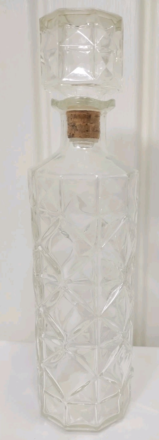 Vtg Glass Liquor Decanter Diamond Quilted Pattern Cork Lid Stopper Mid Century 