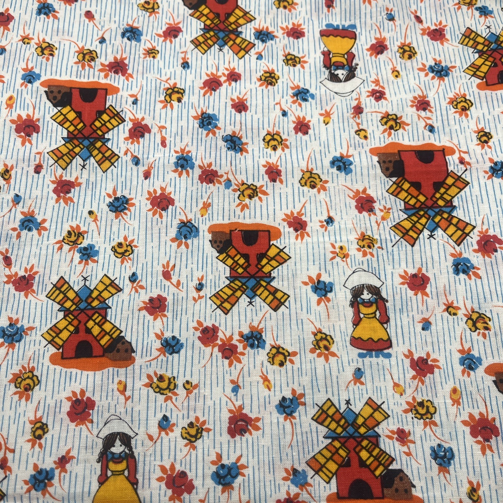 Vintage 1960s Cotton Fabric; Windmills, European Inspired. 3 yards 