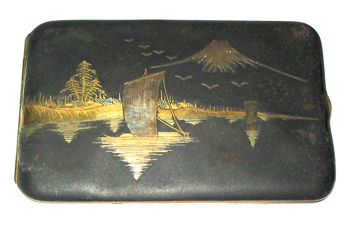 ANTIQUE JAPANESE DAMASCENE CIGARETTE CASE GOLD INLAY MT FUJI  c1920