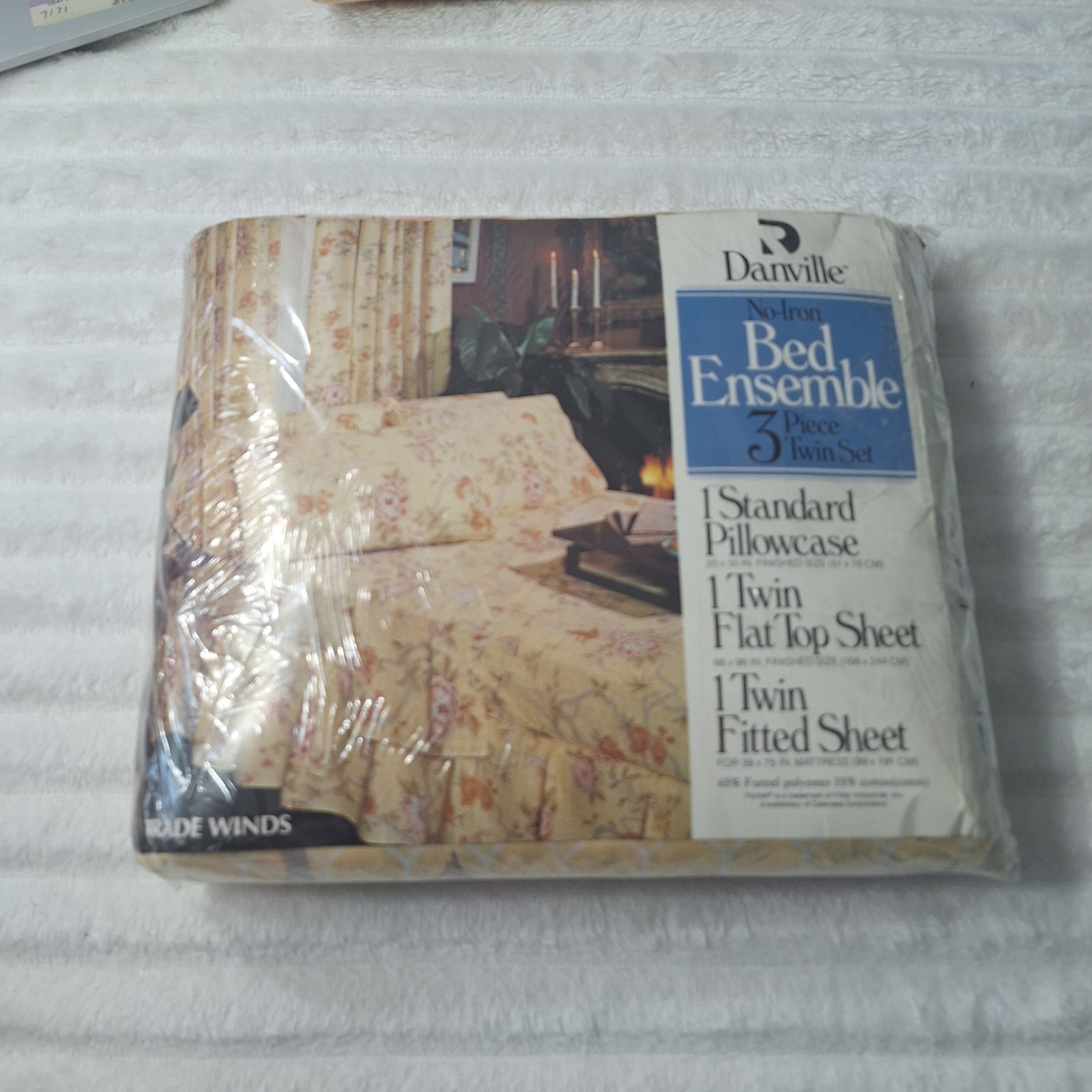 Vtg Danville No Iron 3Pc Twin Sheet Set BUTTER YELLOW Honey Comb Floral Cottage