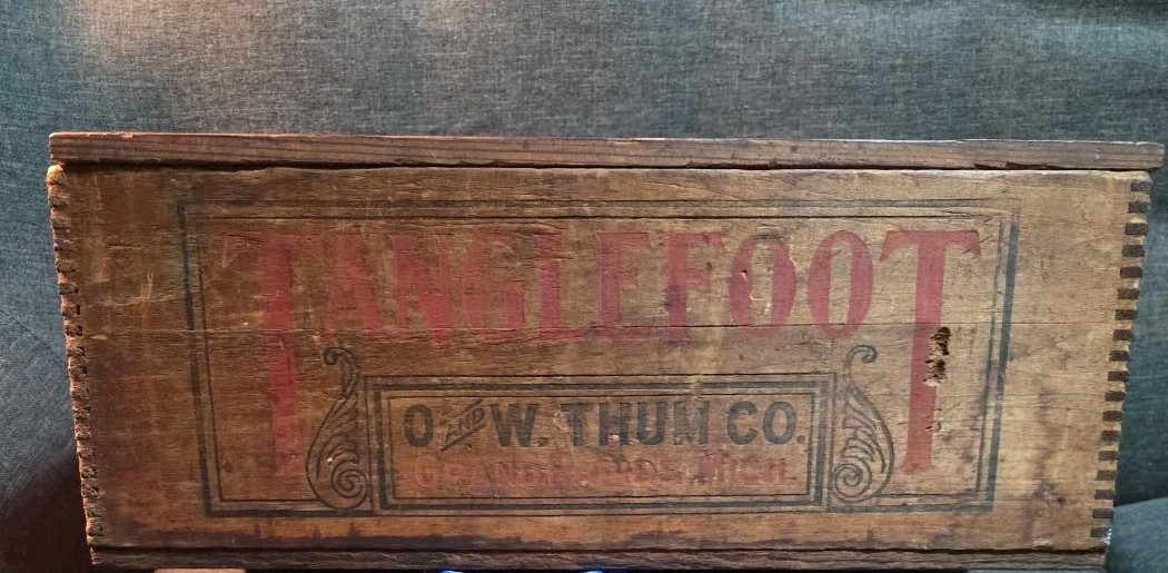 Antique Tanglefoot Fly Paper Wood Advertising Box O & W Thum Grand Rapids 17\