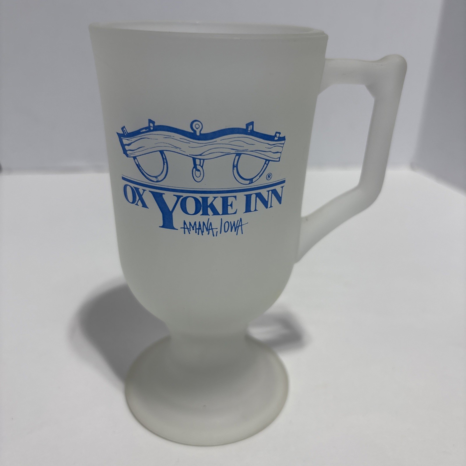 Ox Yoke Inn Amana Iowa Vintage Coffee Mug Milk Glass Blue Lettering
