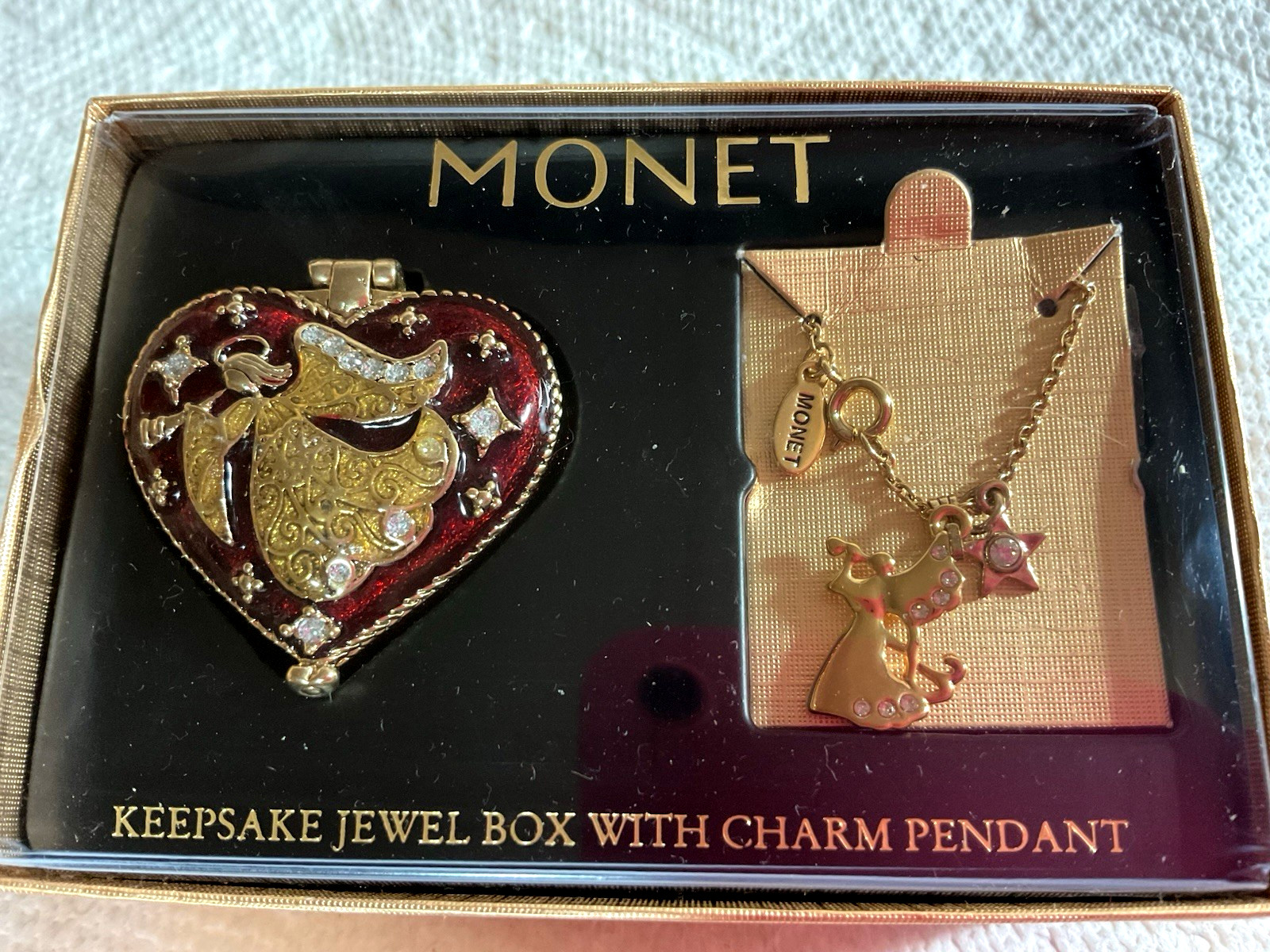 Monet Keepsake Jewel Box With Charm Pendant Red Heart Box With Angel,  Pendant
