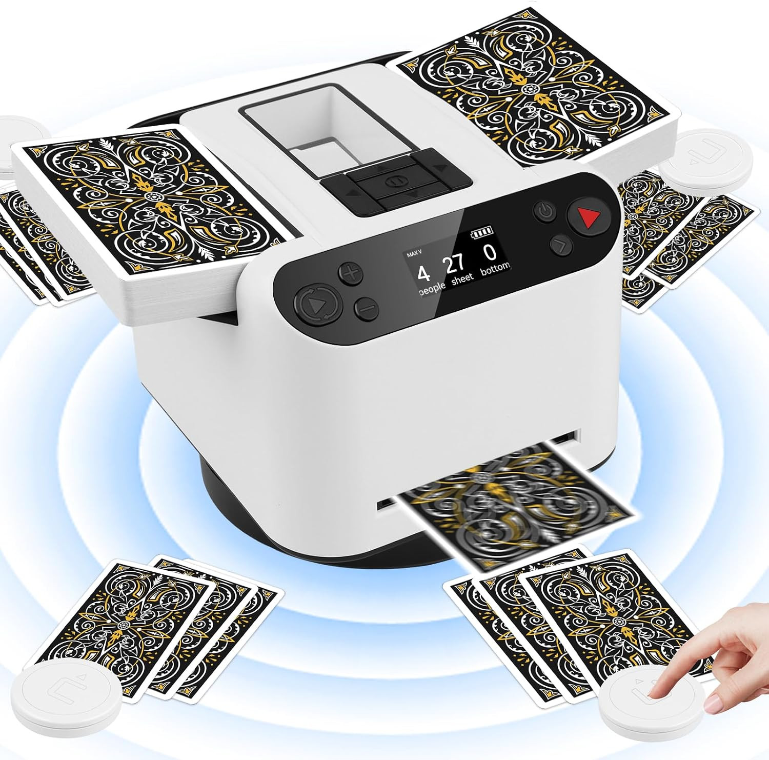 Automatic Card Shuffler and Dealer 2-In-1, 4 Drawing Remotes, 360° Rotating Deal