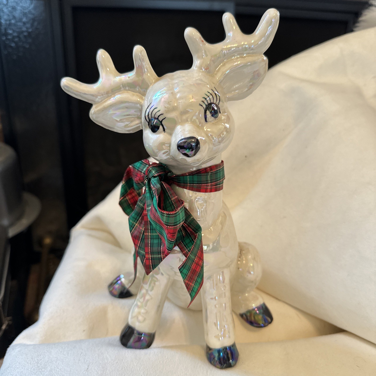 Vintage Kimple Ceramic Reindeer Quilted Holly Hand-painted Christmas Decoration