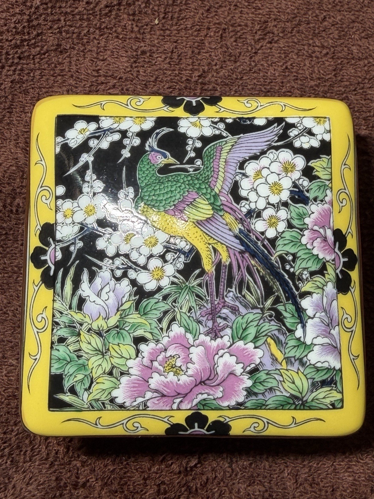 Vintage Hand Decorated Japan Trinket Box Floral And Bird Lidded Yellow