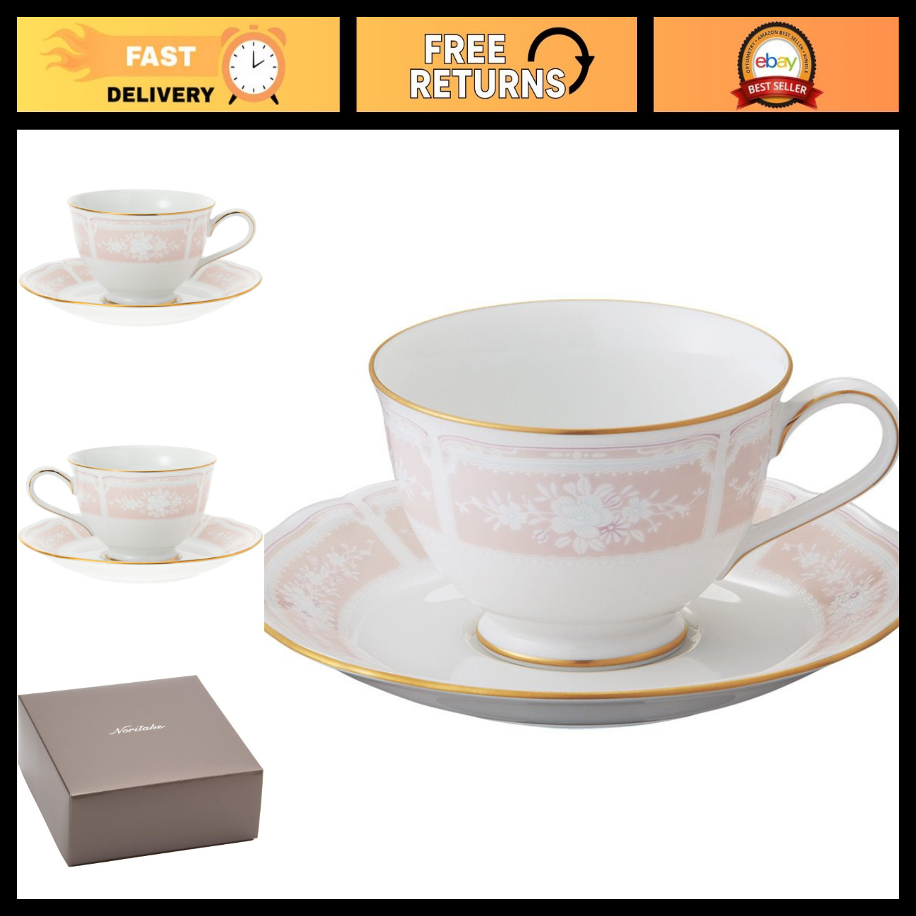 Elegant Fine Porcelain Lace Tea & Coffee Bowl Dish - Gold & Pink - Japan Import