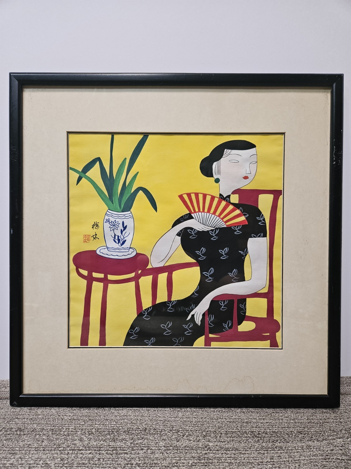 HU YONGKAI Style Watercolor Gouache Art Piece Modernist Woman With A Fan 