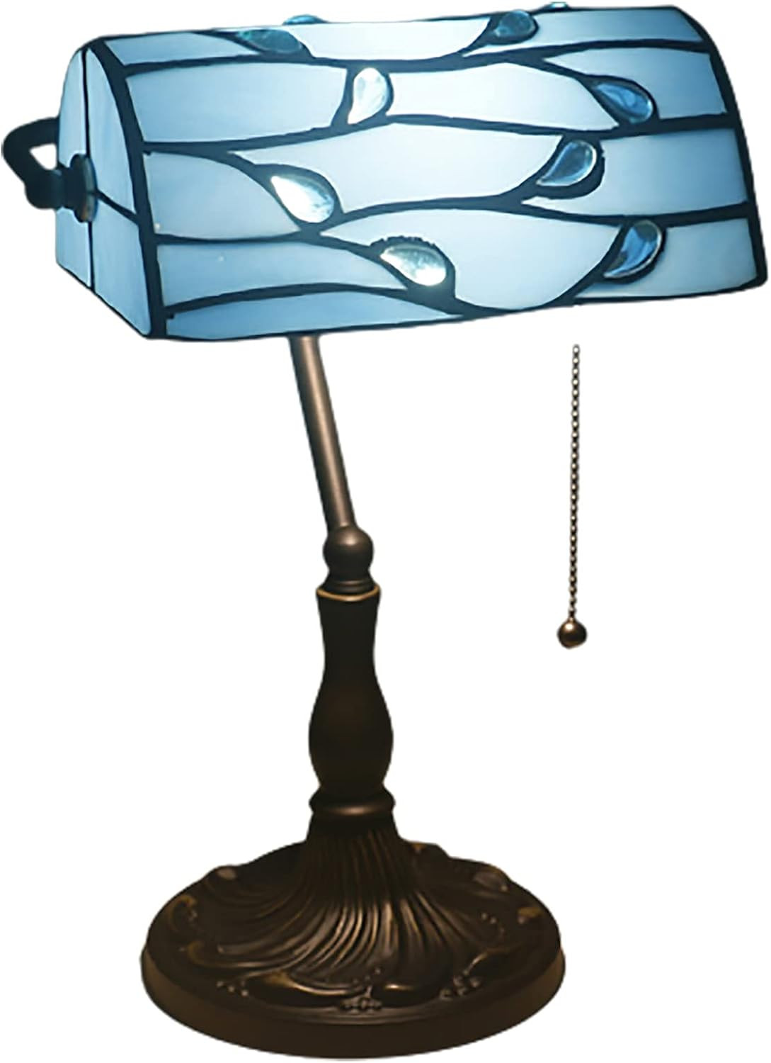 Vintage Banker Table Lamp Tiffany Style Green Blue Stained Glass Desk Lamp Bedsi