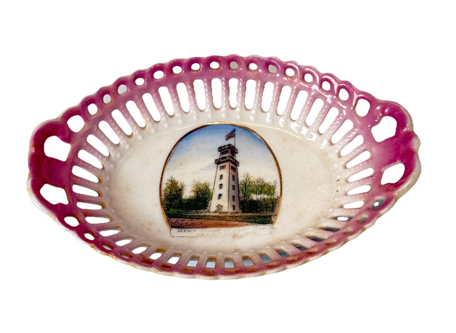INDIAN RIVER MICHIGAN MI Antique TOWER Souvenir China TRINKET DISH BASKET PLATE