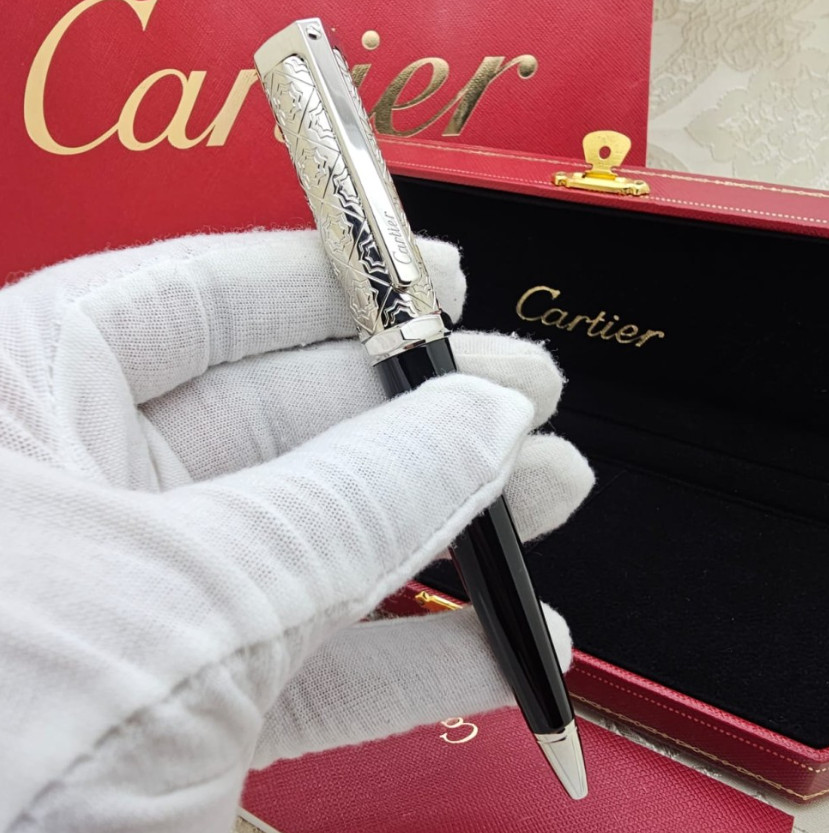 HOT Cartier Luxury Black Silver Ballpoint Pen Executive Gift Box New Elegant
